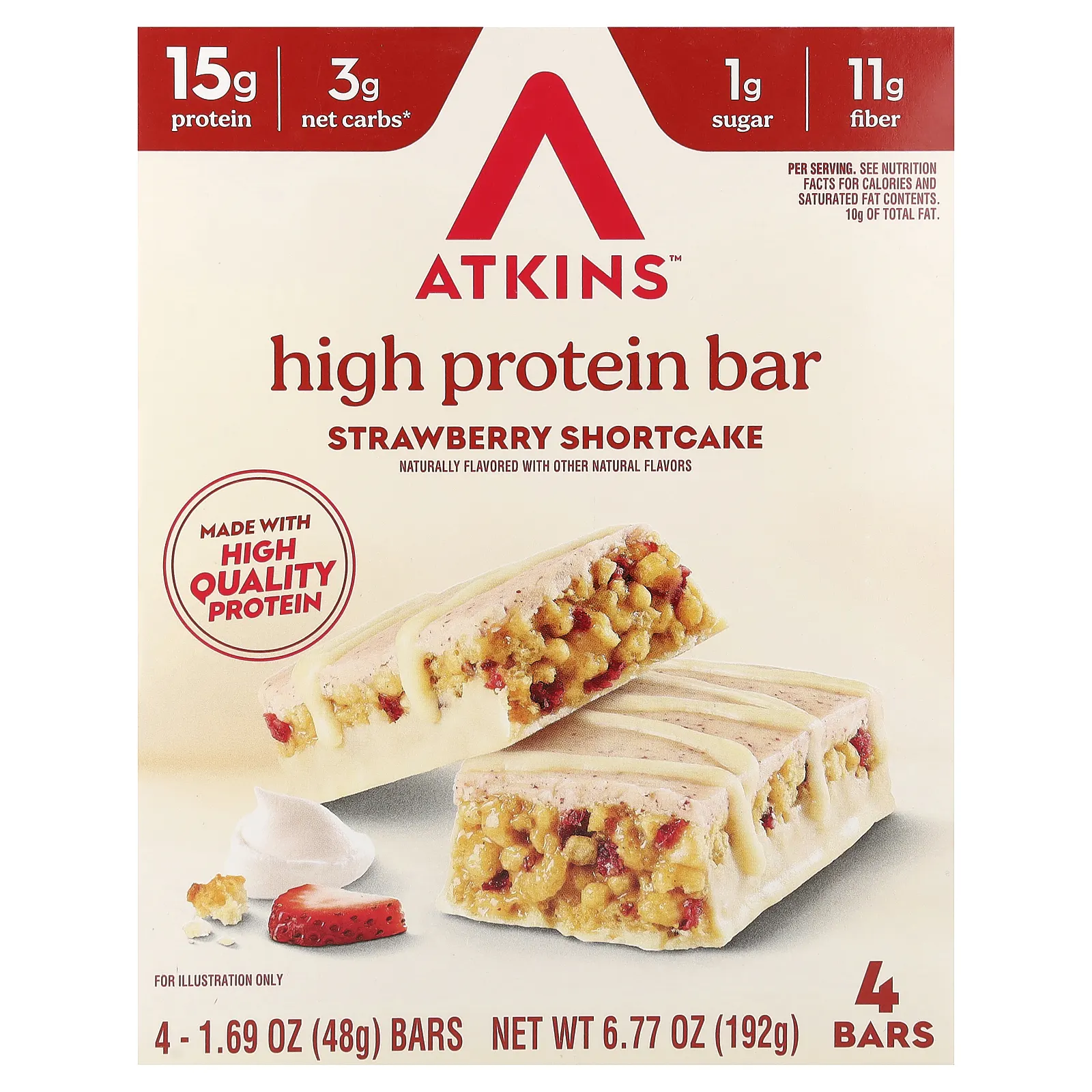 Atkins, высокопротеиновый батончик, клубничное печенье, 4 батончика по 48 г (1,69 унции)
