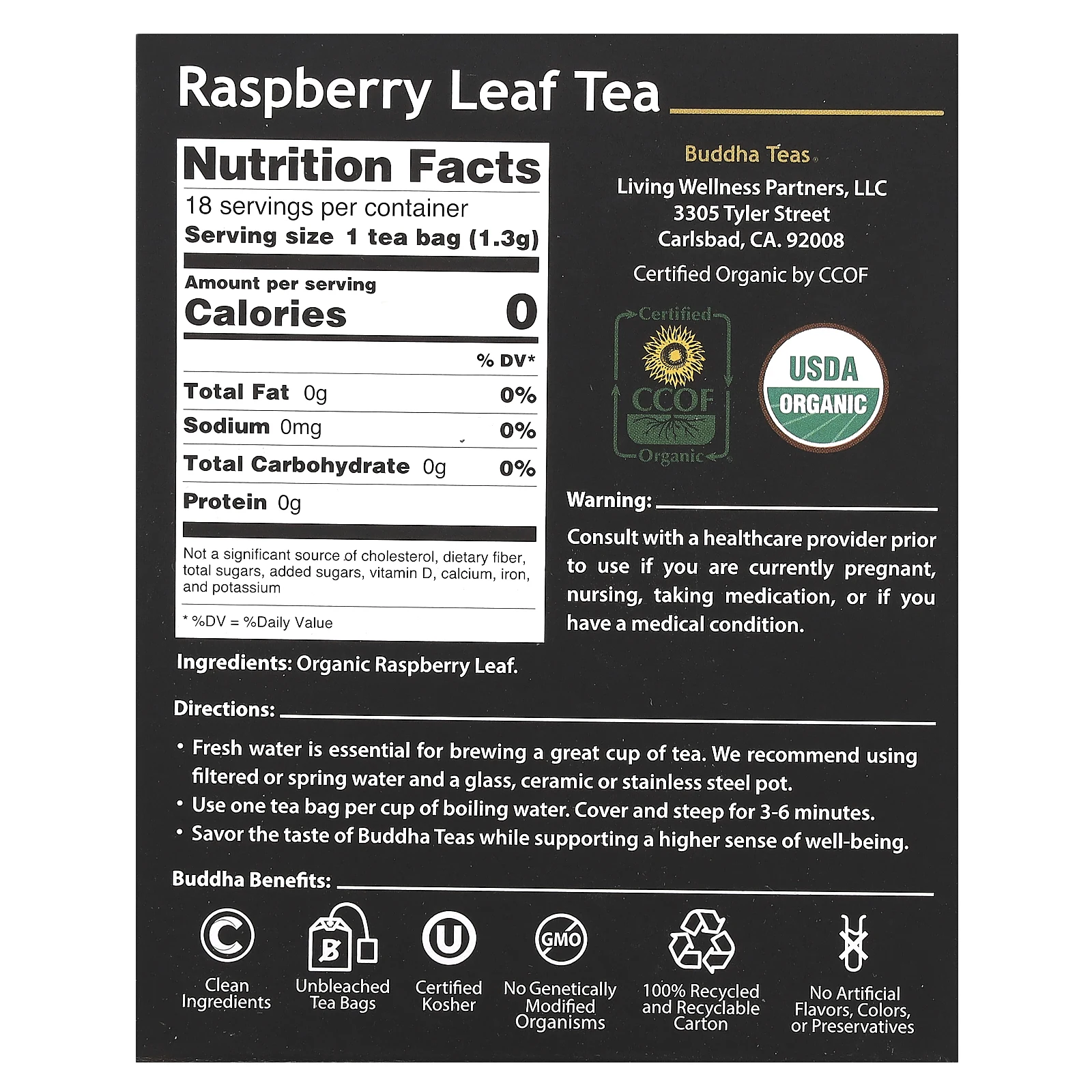 Buddha Teas, Органический травяной чай, листья малины, 18 чайных пакетиков, 24 г (0,83 унции)