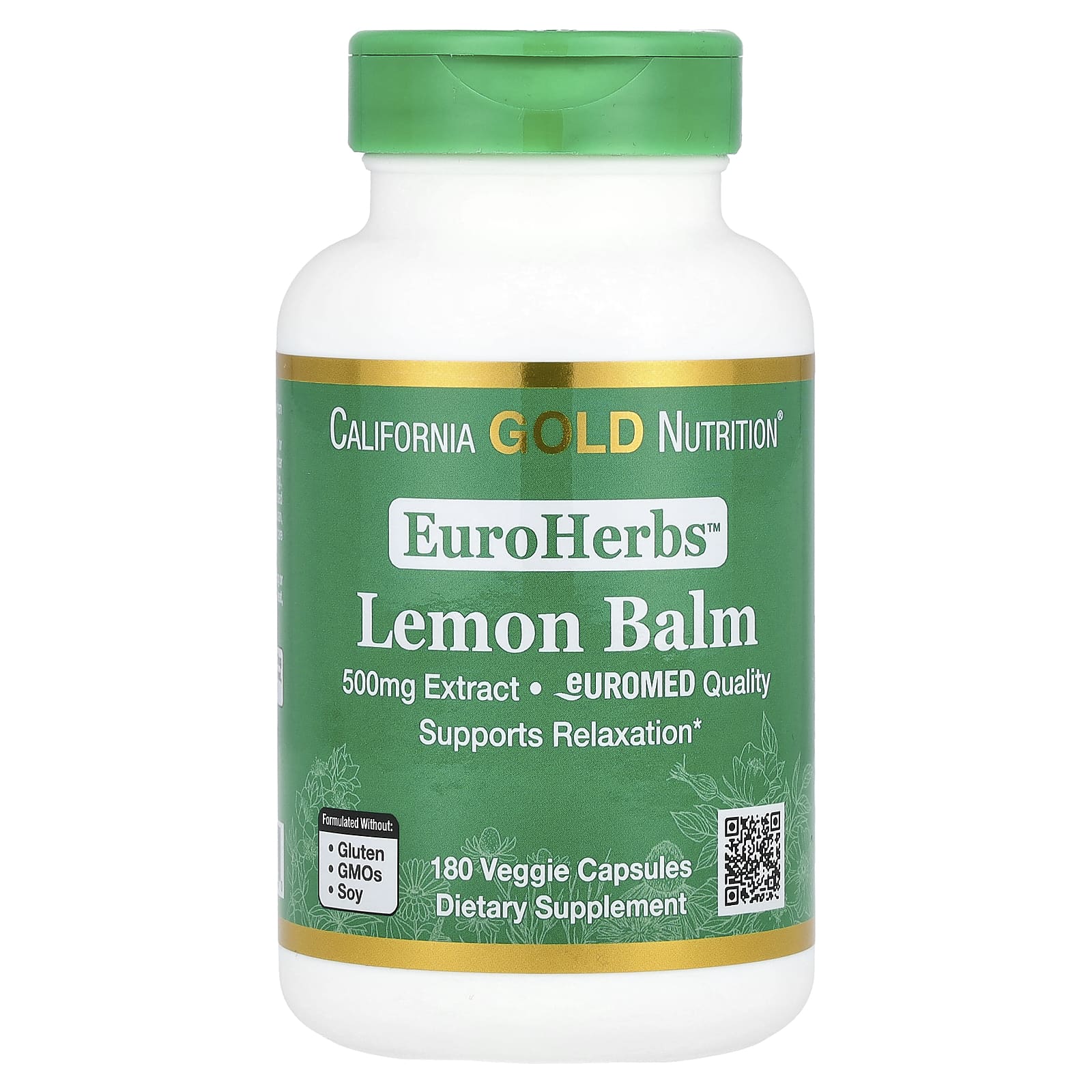 California Gold Nutrition, EuroHerbs, экстракт мелиссы лекарственной, европейское качество, 500 мг, 180 растительных капсул