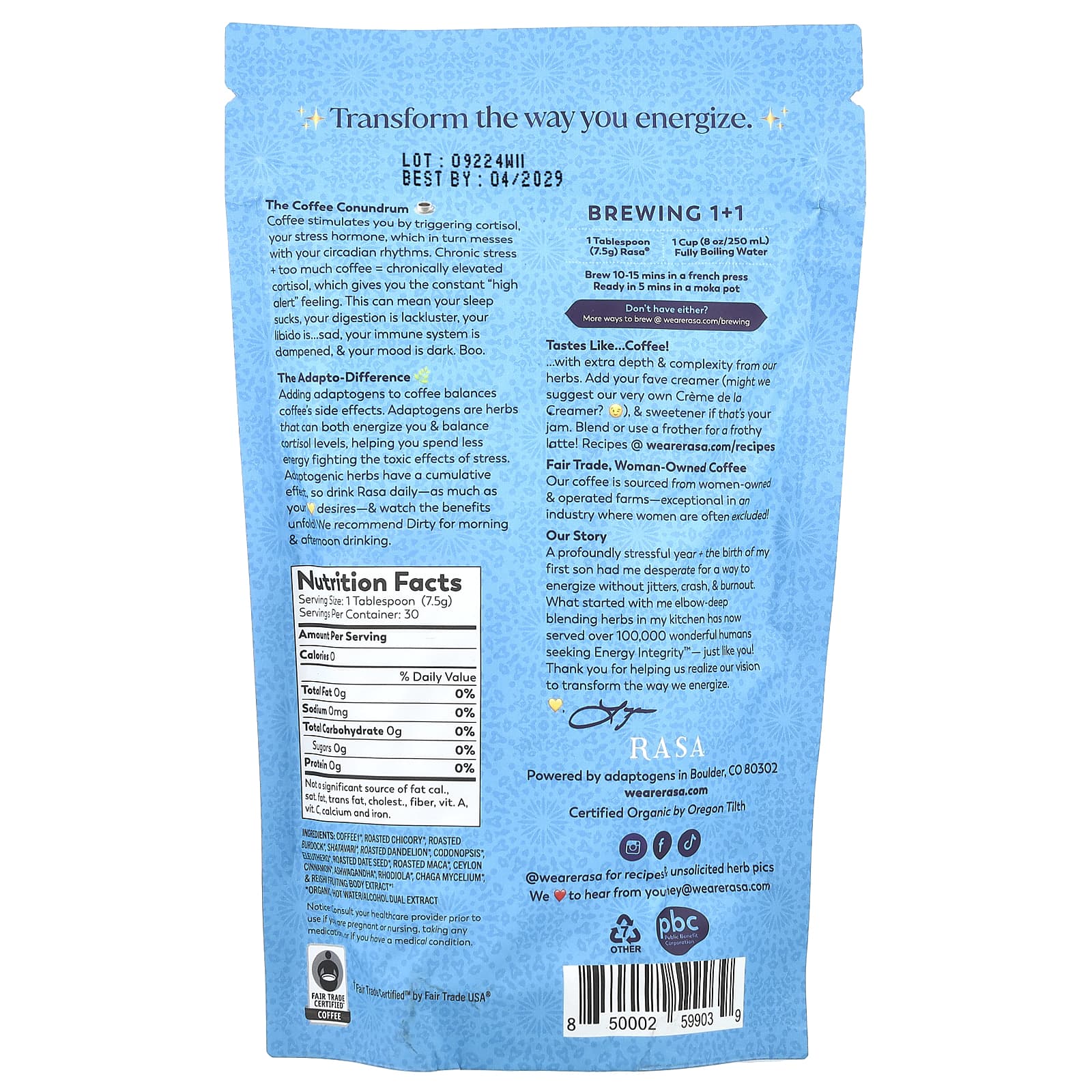 Rasa, Кофе, упакованный адаптогенами, грязный, 226 г (8 унций)