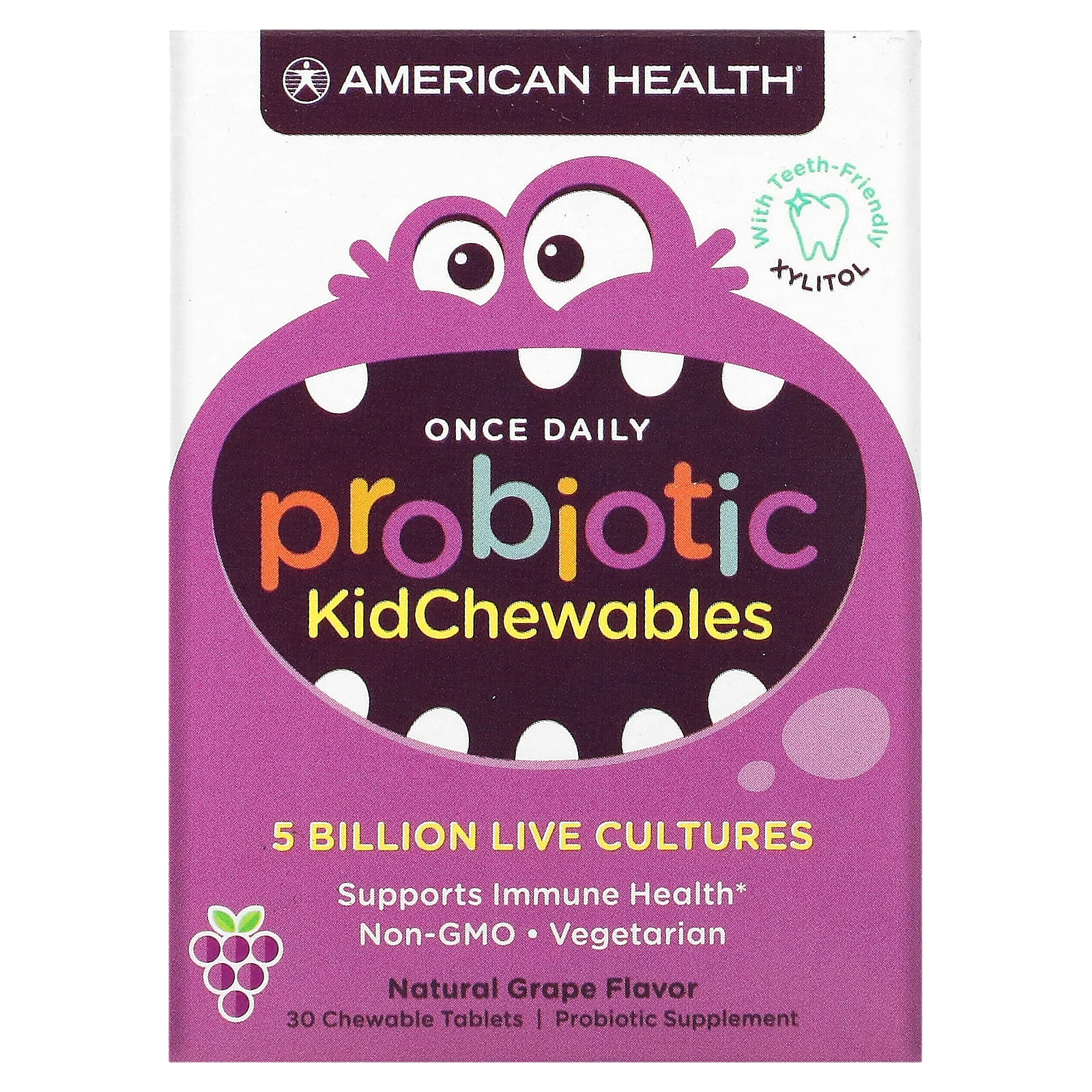 American Health, Жевательные таблетки Probiotic Kid, жевательные таблетки, натуральный виноградный вкус, 5 млрд живых культур, 30 жевательных таблеток