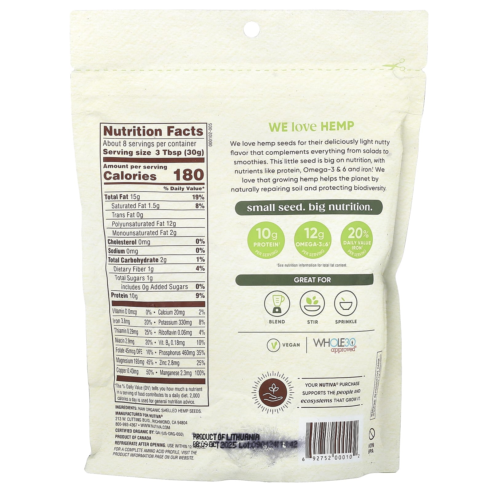 Nutiva, Органические семена конопли, необработанные, 227 г (8 унций)