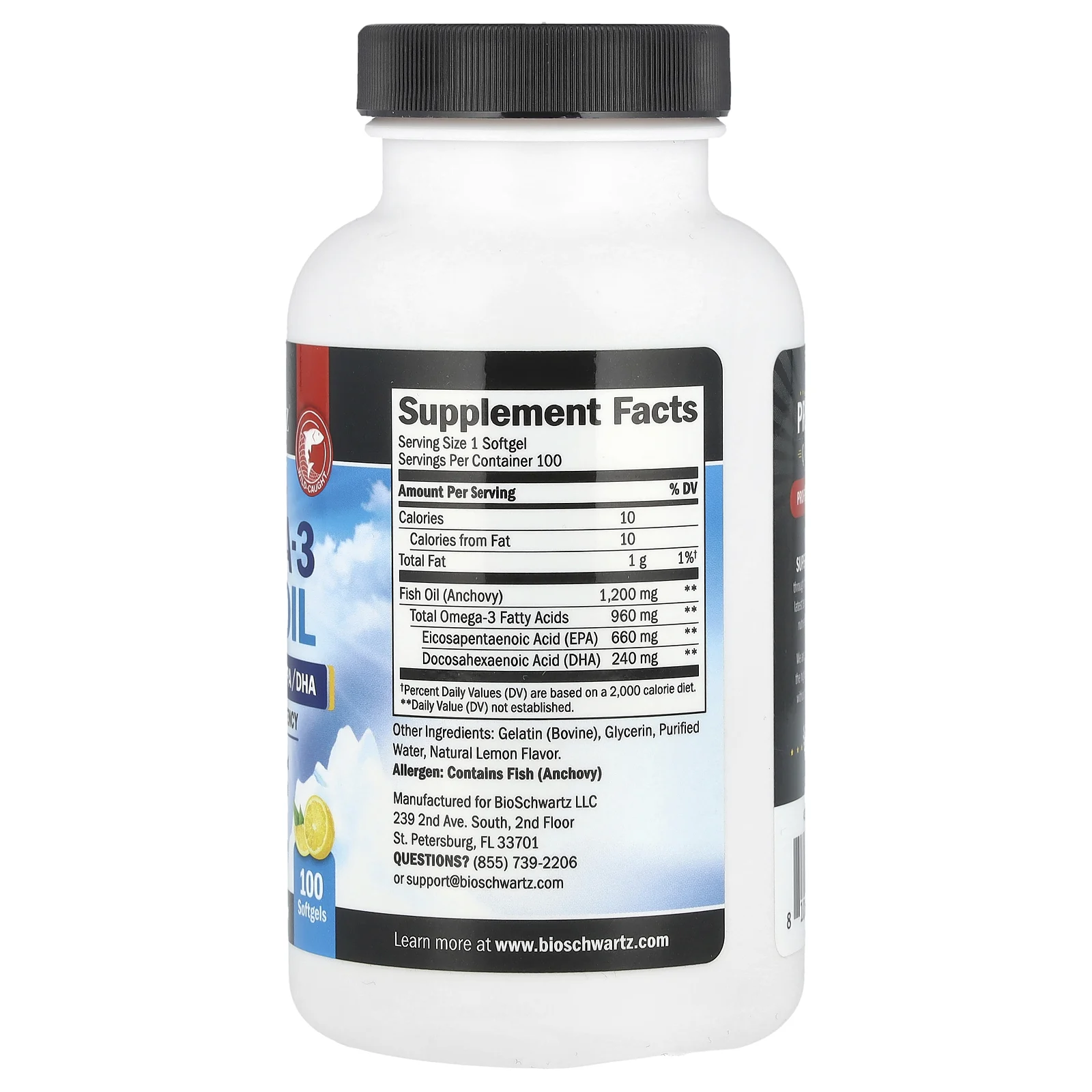 BioSchwartz, Рыбий жир с омега-3 для приема один раз в день, тройная сила действия, высокая эффективность, лимон, 1200 мг, 100 мягких таблеток