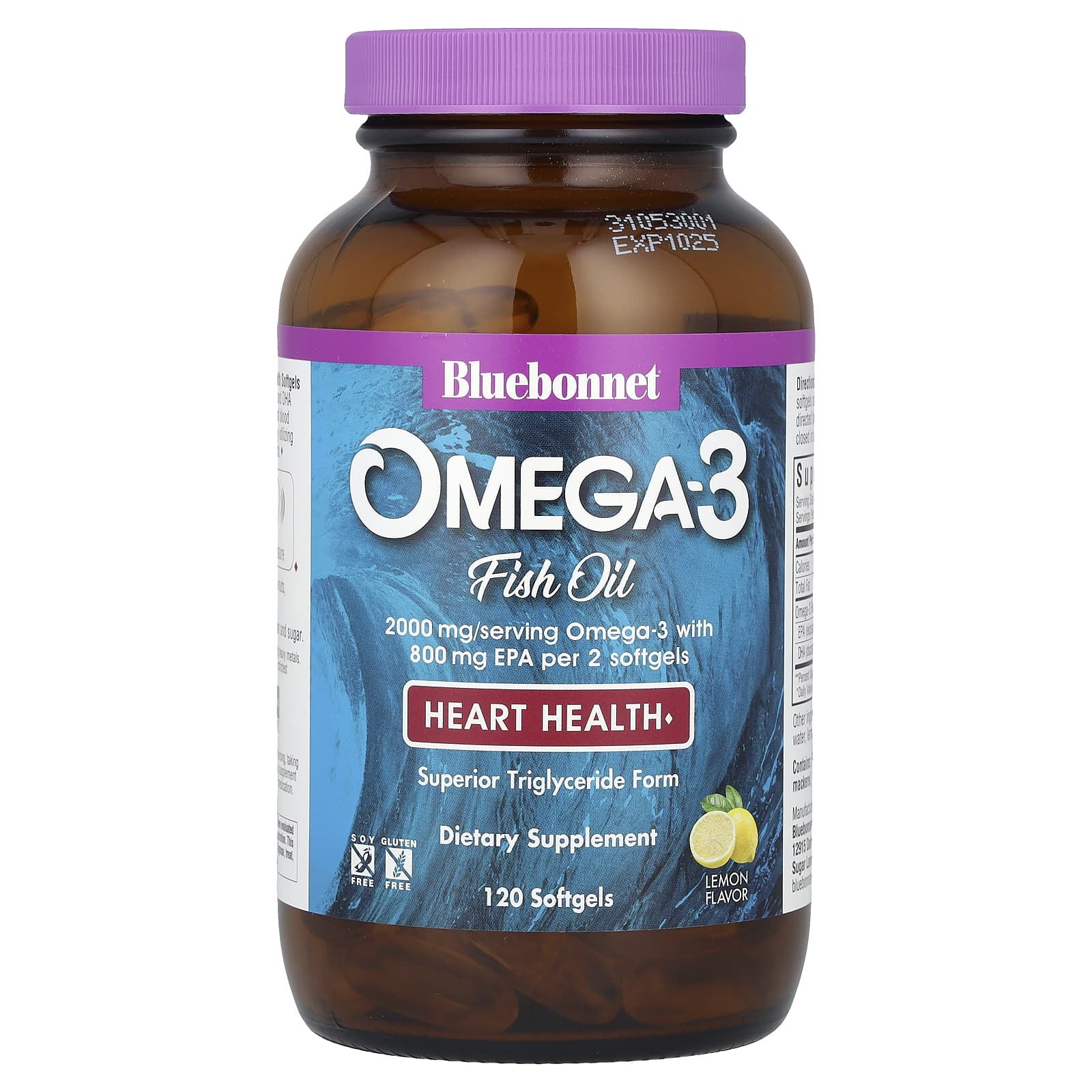 Bluebonnet Nutrition, омега-3 рыбий жир, для здоровья сердца, лимонный вкус, 120 капсул