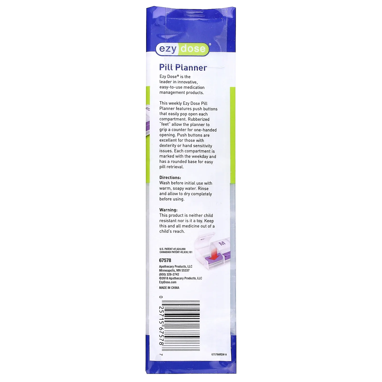 Ezy Dose, еженедельный органайзер для таблеток, с кнопкой, 2 шт., размер XL, 1 шт.