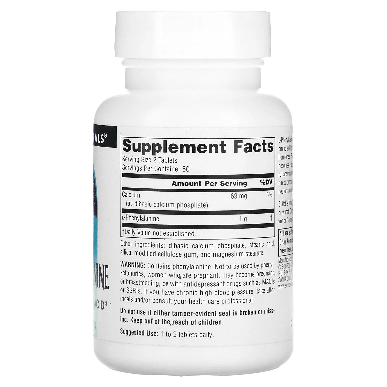 Source Naturals, L-фенилаланин, 500 мг, 100 таблеток (250 мг в 1 таблетке)