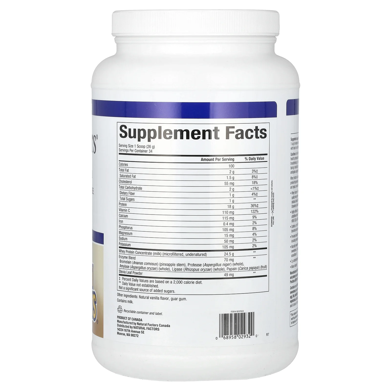 Natural Factors, Whey Factors, сывороточный протеин Grass Fed, натуральный вкус французской ванили, 907 г (2 фунта)