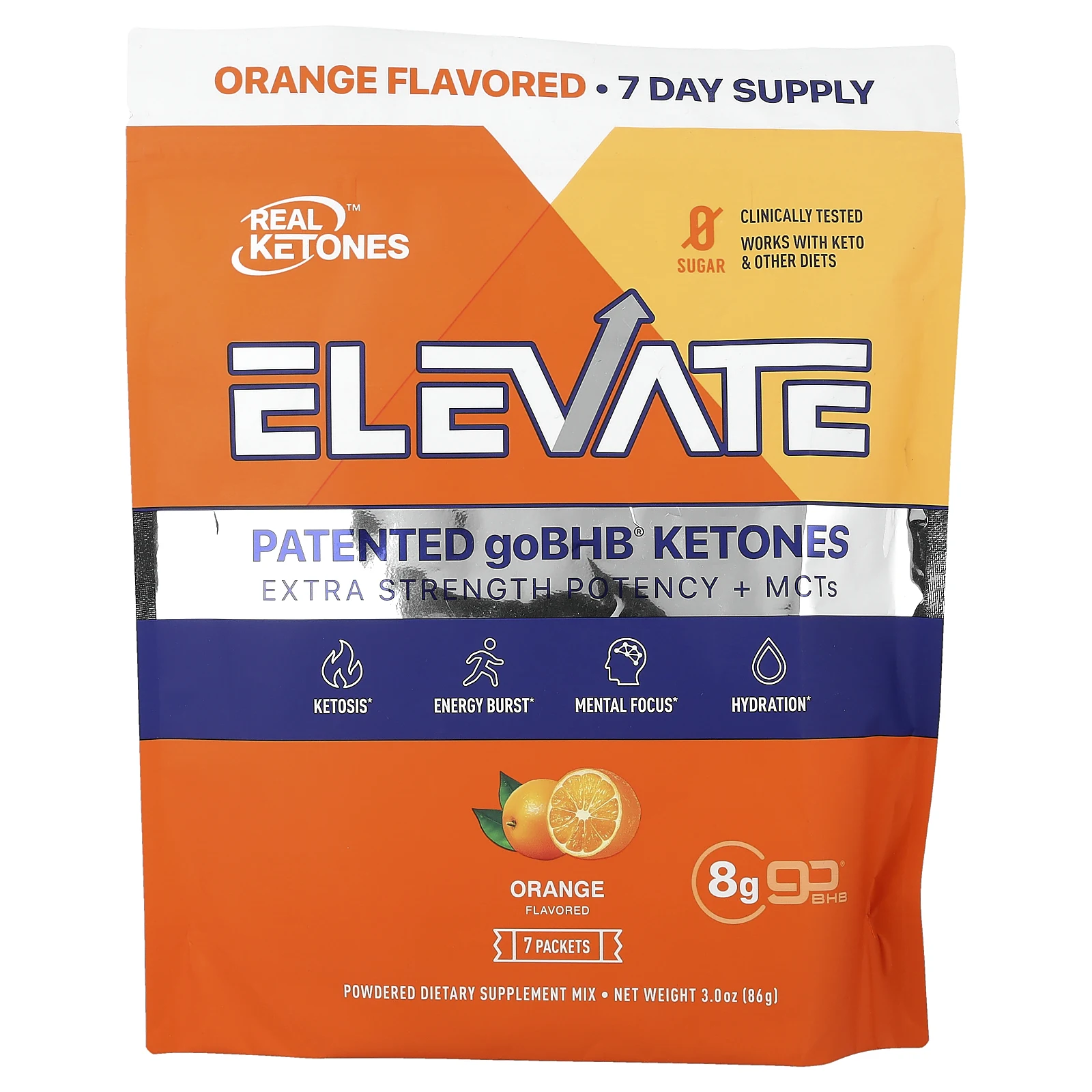 Real Ketones, Elevate, апельсин, 7 пакетиков, 12,3 г (0,43 унции) каждый