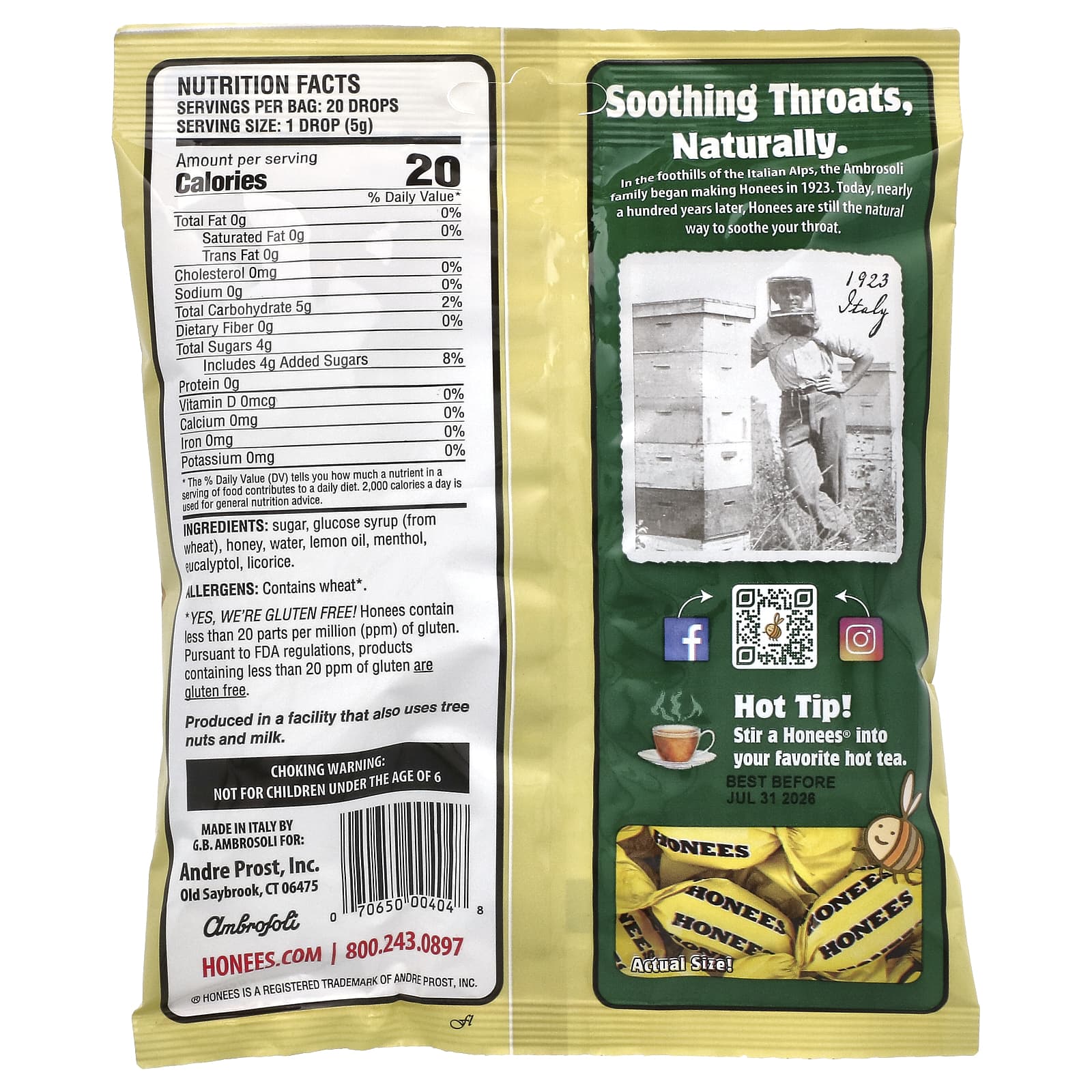 Honees, леденцы от кашля с медом, лимоном, ментолом и эвкалиптом, 20 больших леденцов, 100 г (3,5 унции)