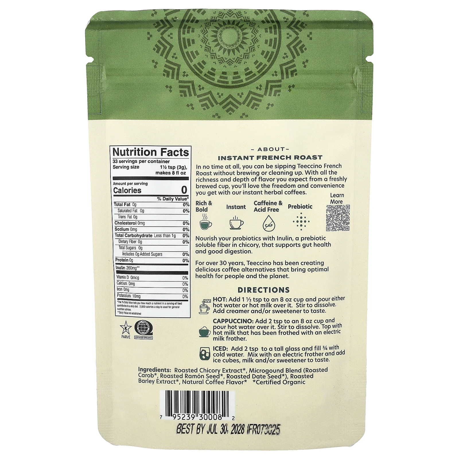 Teeccino, растворимый травяной кофе, французская обжарка, темный, без кофеина, 100 г (3,53 унции)