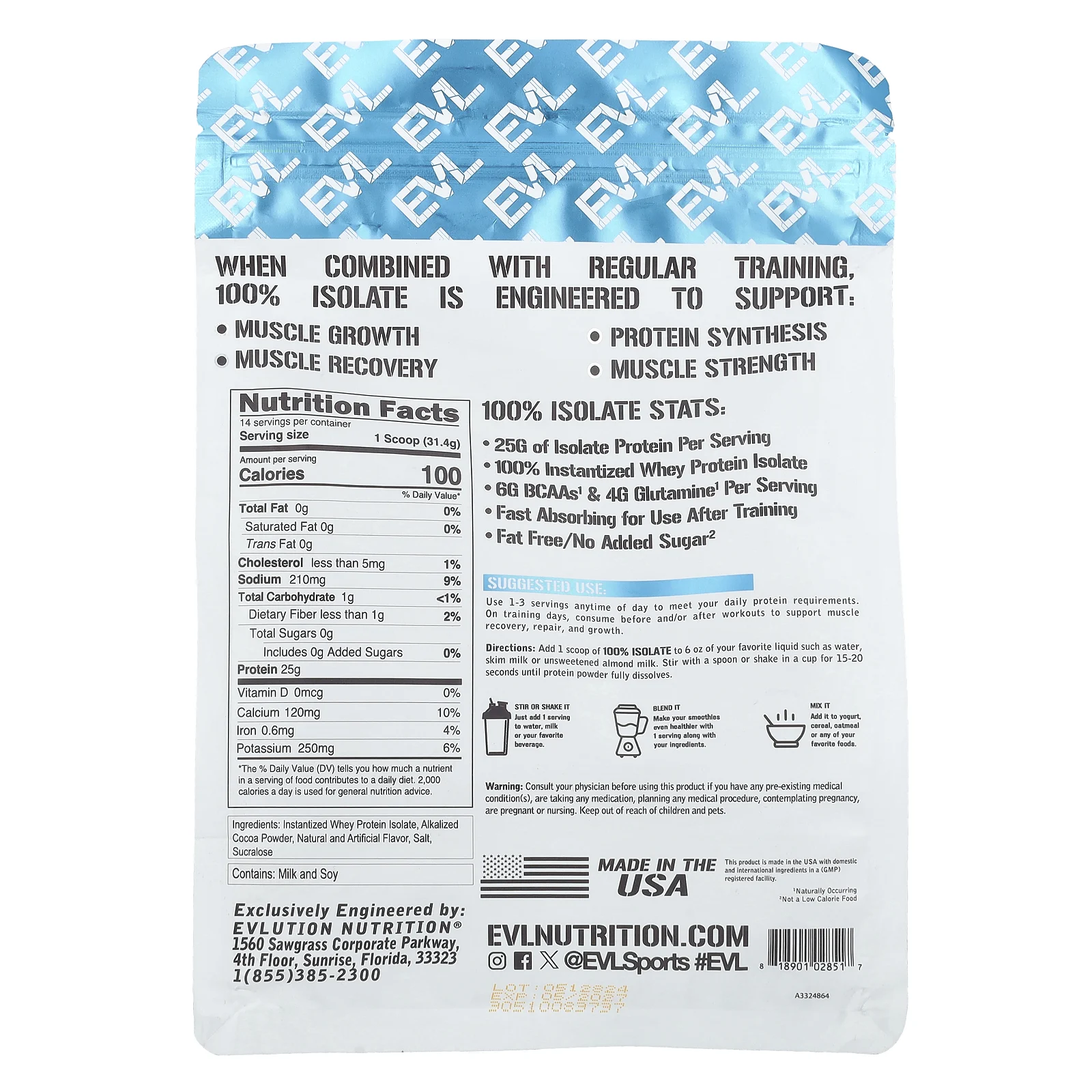 EVLution Nutrition, 100% изолят протеина, шоколад двойной насыщенности, 454 г (1 фунт)