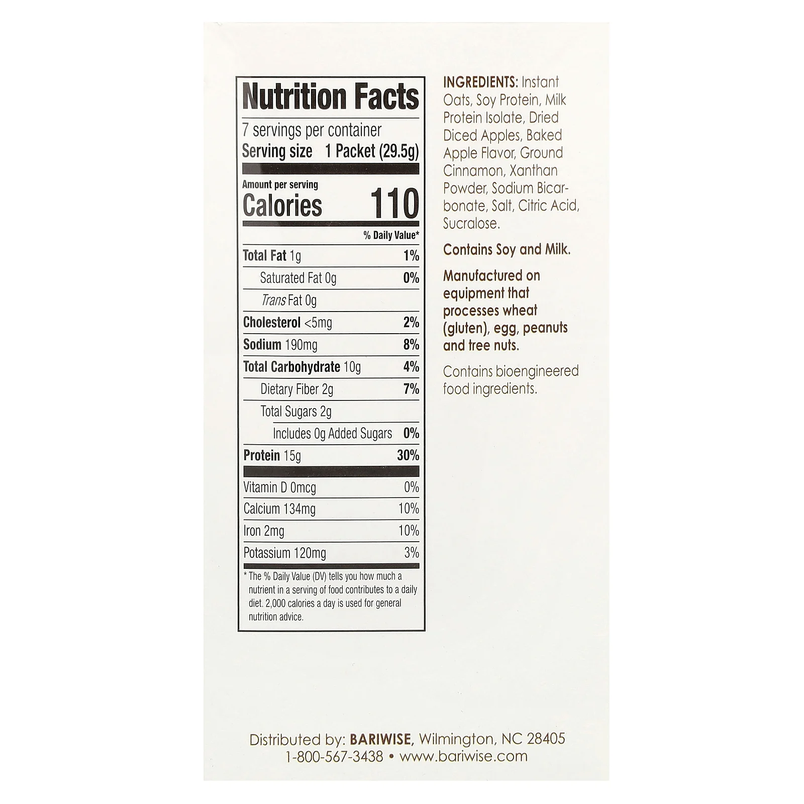 BariWise, протеиновая овсянка, яблоки и корица, 7 пакетиков по 29,5 г (1,04 унции)