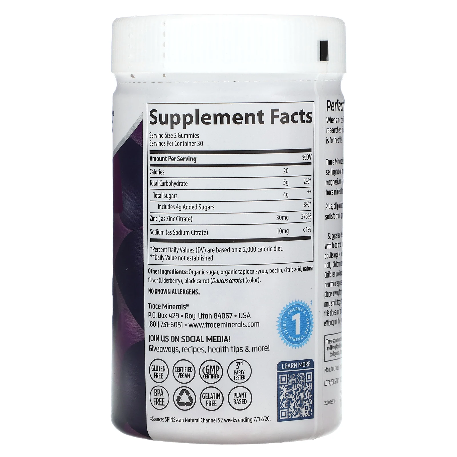 Trace Minerals ®, жевательные таблетки с цинком, со вкусом бузины, 30 мг, 60 жевательных таблеток (15 мг в 1 жевательной таблетке)