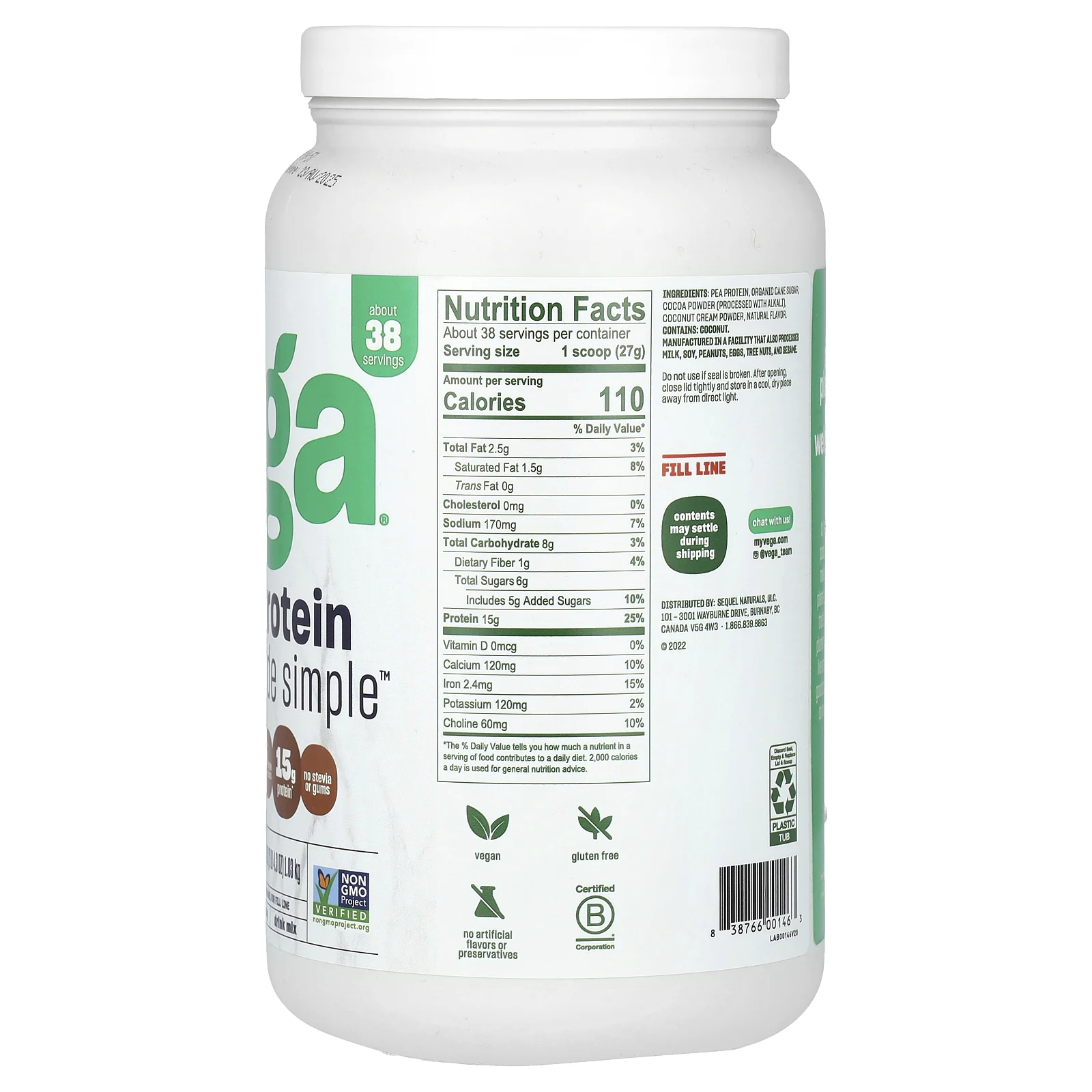 Vega, Plant-Based Protein Made Simple, темный шоколад, 1,03 кг (2 фунта)