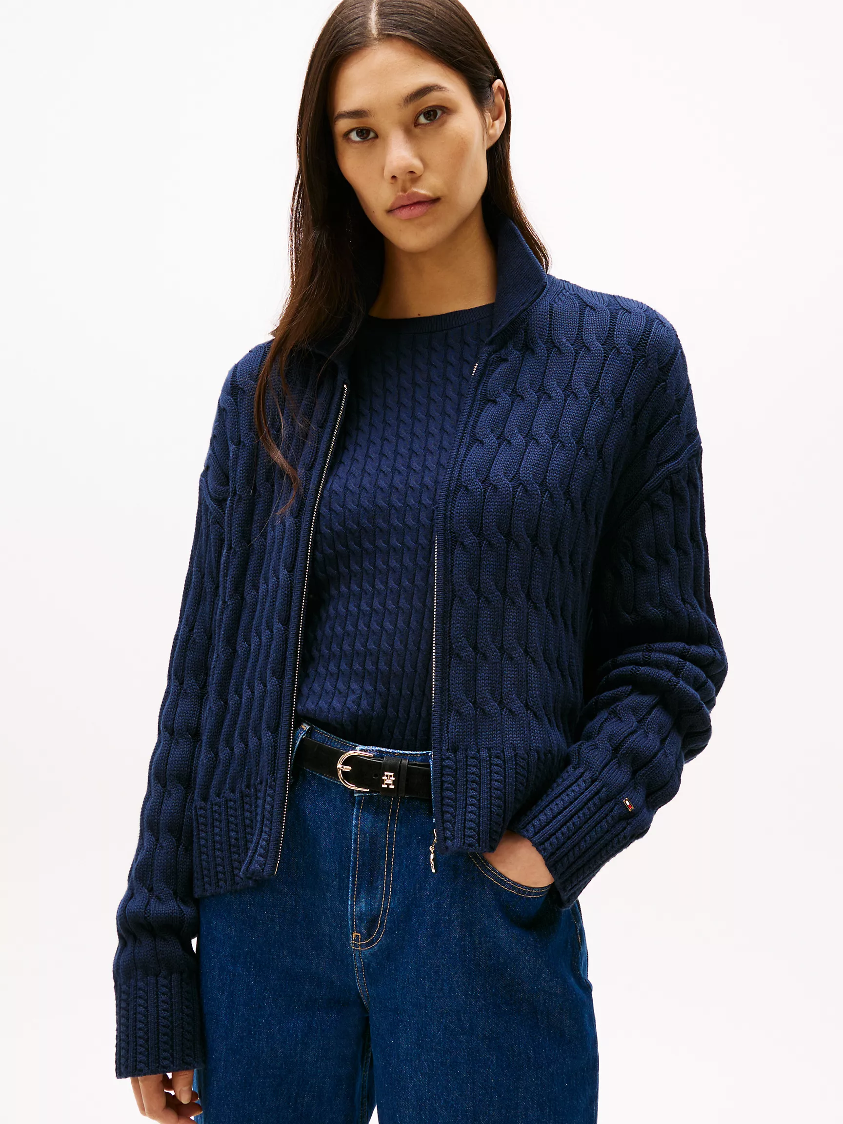Женский свитер Tommy Hilfiger, Вязаный кардиган с узором "косы" и молнией свободного кроя