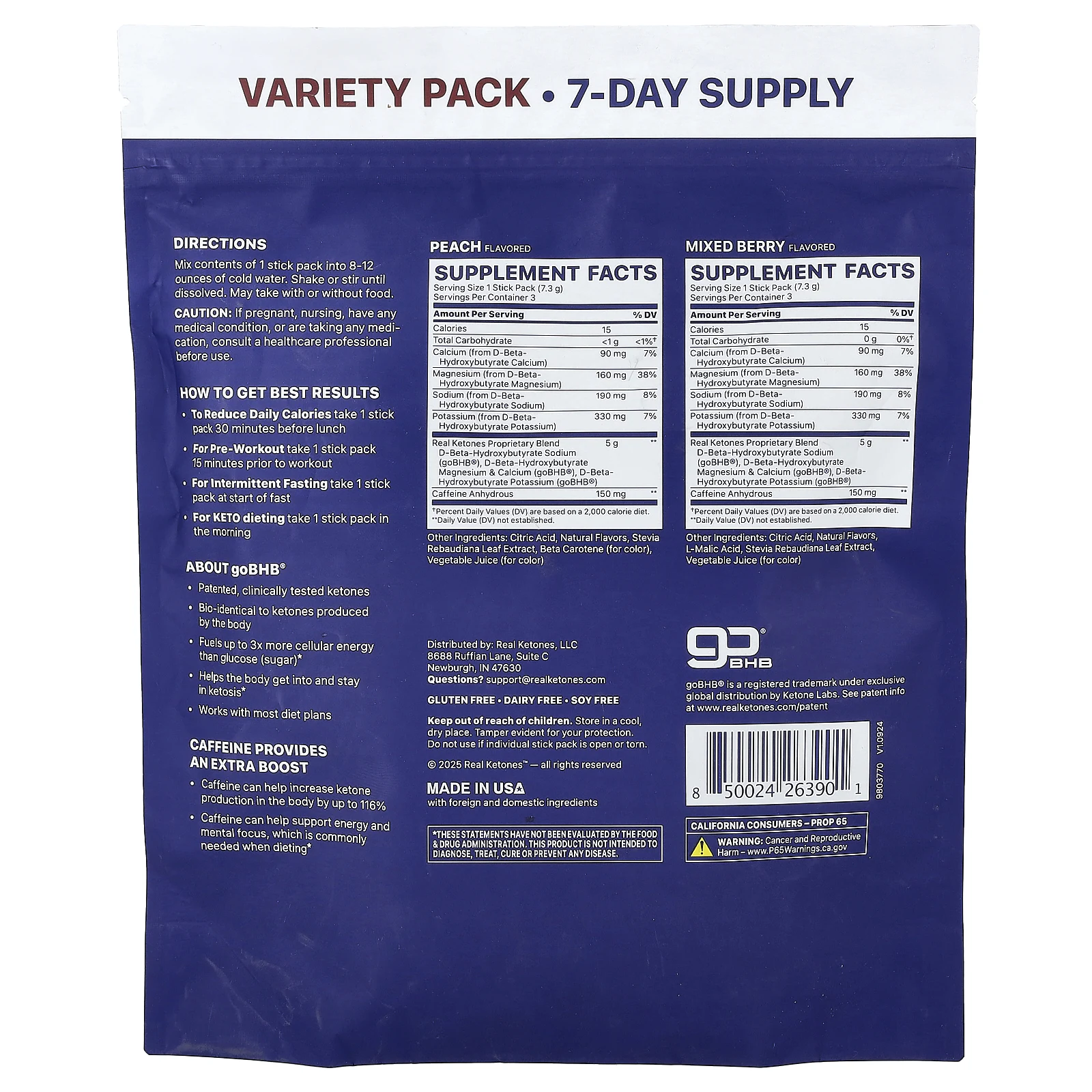 Real Ketones, Shift, заряженный кофеином, набор разных вкусов, ягодное ассорти, персик, 7 пакетиков по 7,3 г (0,26 унции)