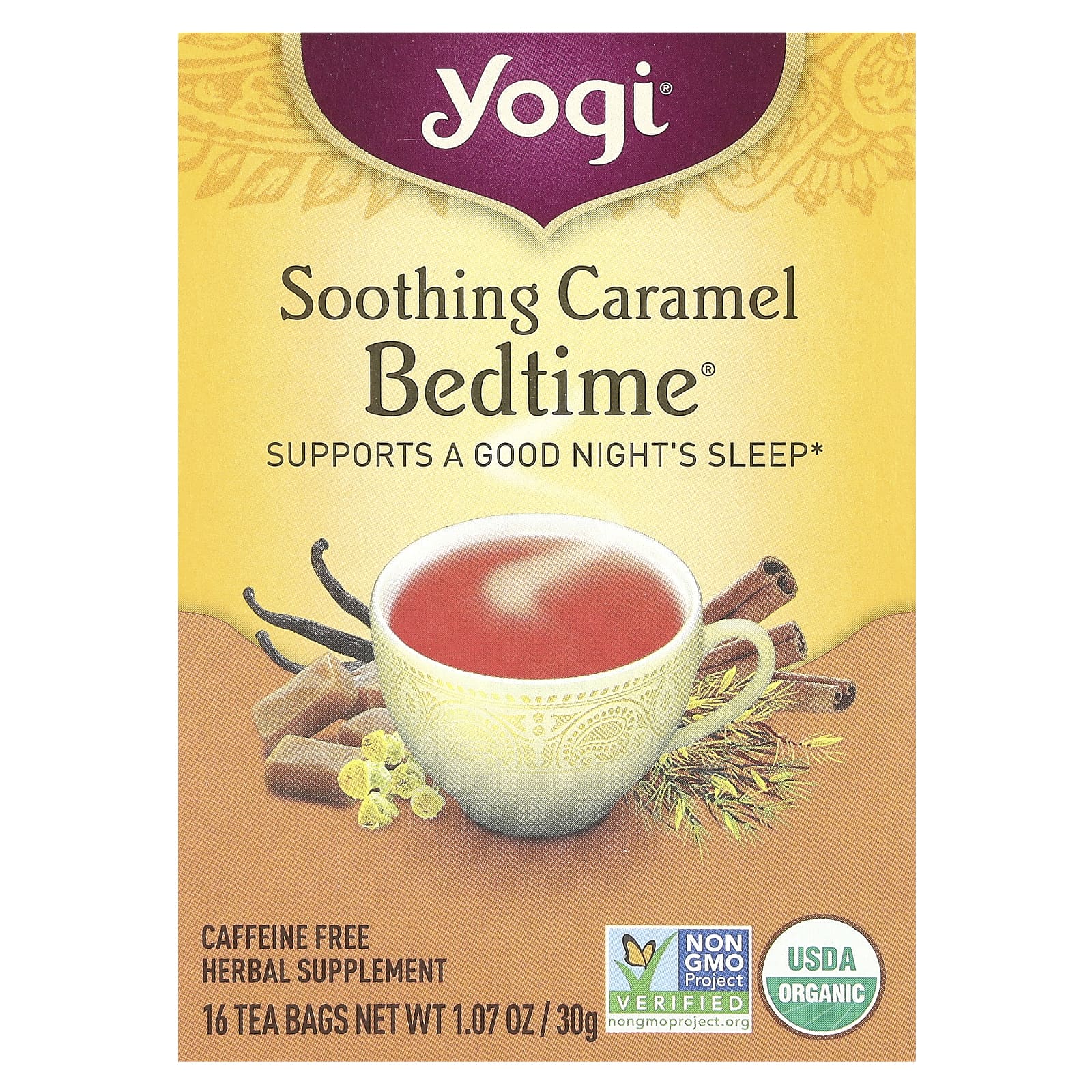 Yogi Tea, Bedtime, успокаивающая карамель, без кофеина, 16 чайных пакетиков, 30 г (1,07 унций)
