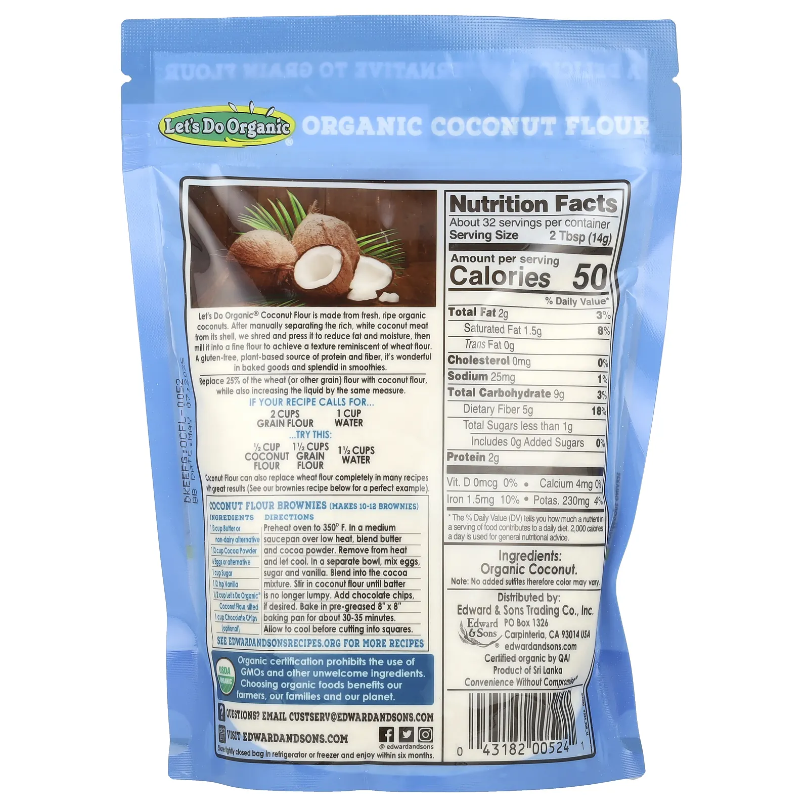 Edward & Sons, Let's Do Organic, 100 % органическая кокосовая мука, 454 г (1 фунт)