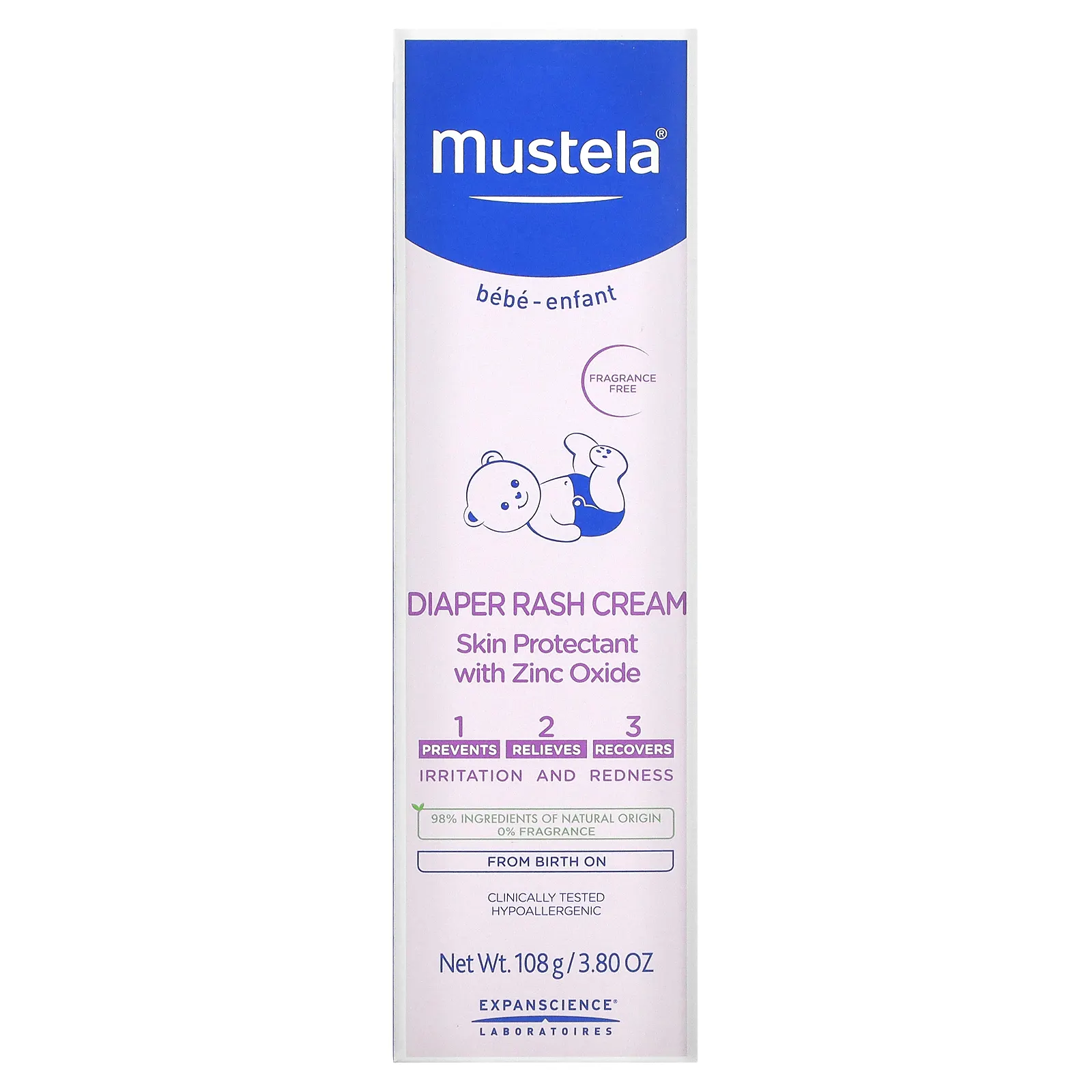 Mustela, детский крем от опрелостей «1-2-3», без отдушек, 108 г (3,80 унции)