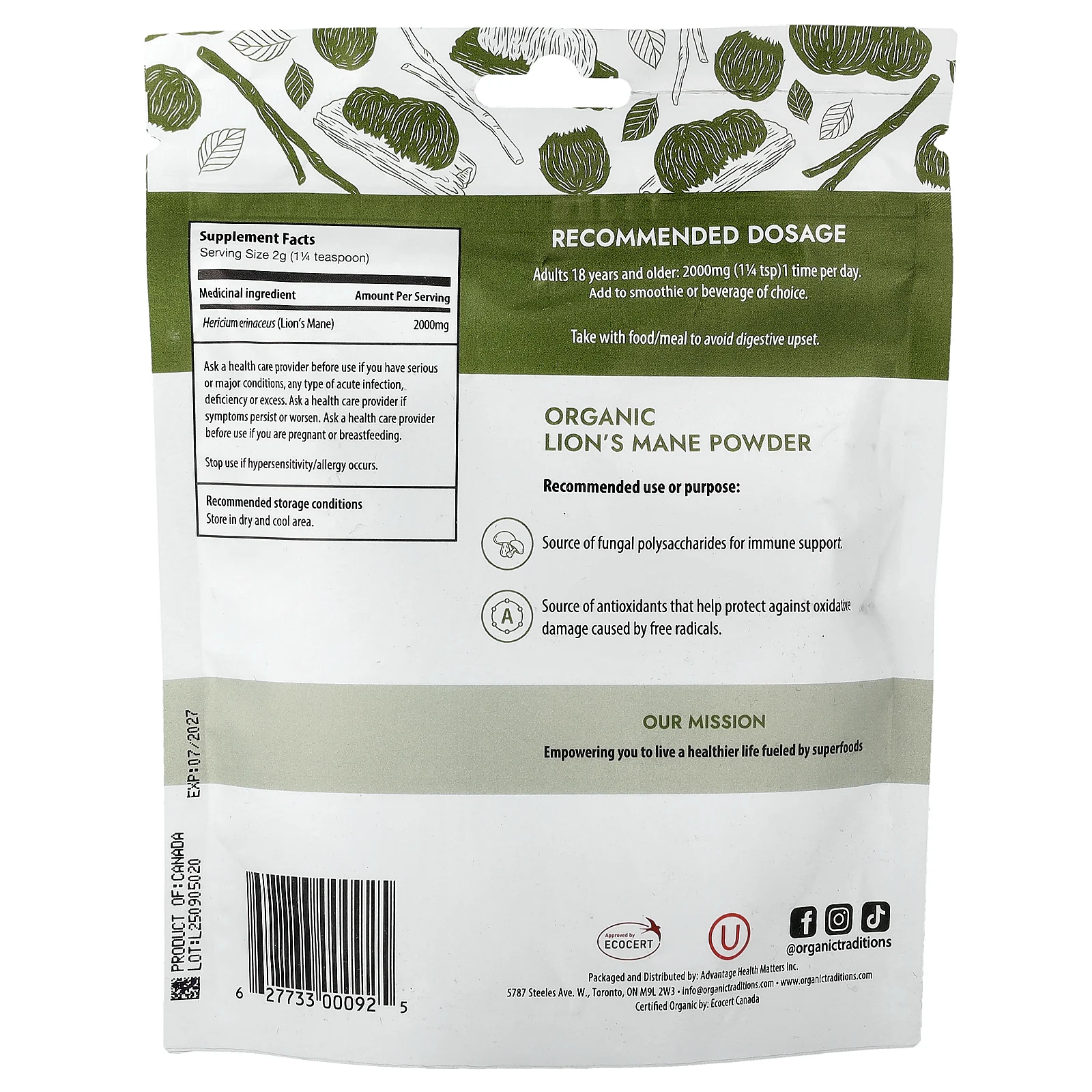 Organic Traditions, органический ежовик гребенчатый, в порошке, 100 г (3,5 унции)