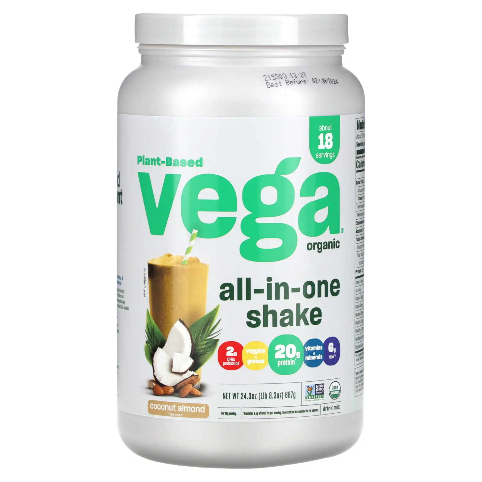 Vega, Растительный органический универсальный коктейль, кокос и миндаль, 687 г (24,3 унции)