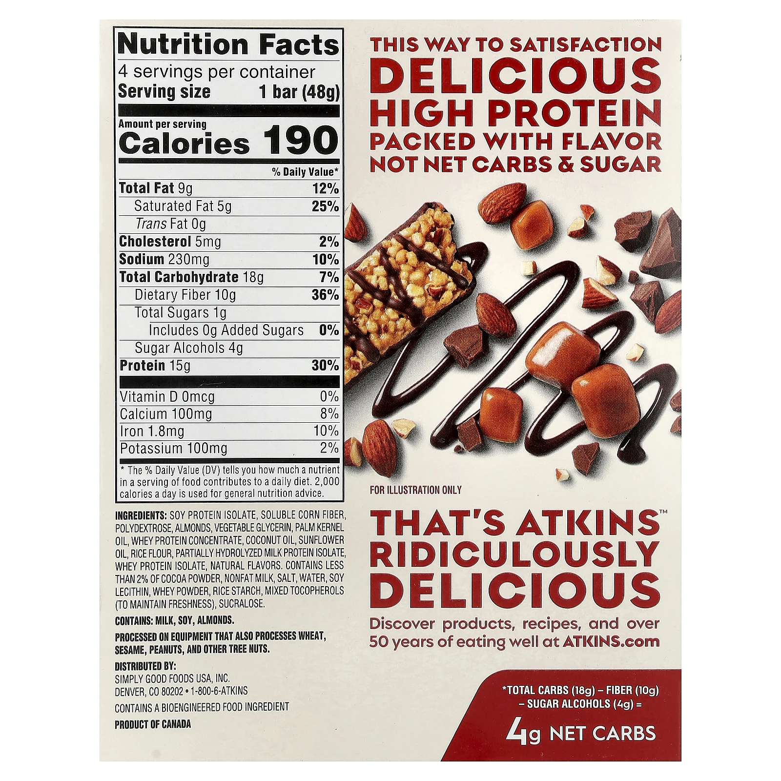 Atkins, высокопротеиновый батончик, шоколад, миндаль и карамель, 4 батончика по 48 г (1,69 унции)
