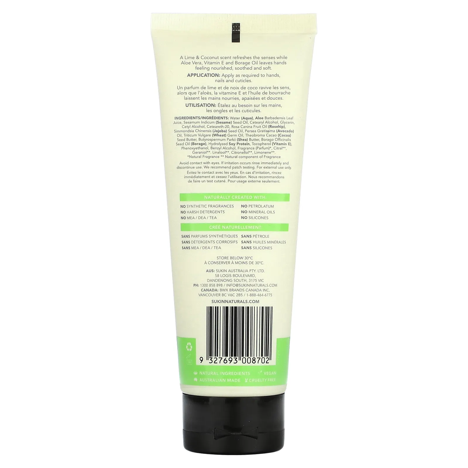 Sukin, Крем для рук и ногтей, лайм и кокос, 125 мл (4,23 унции)