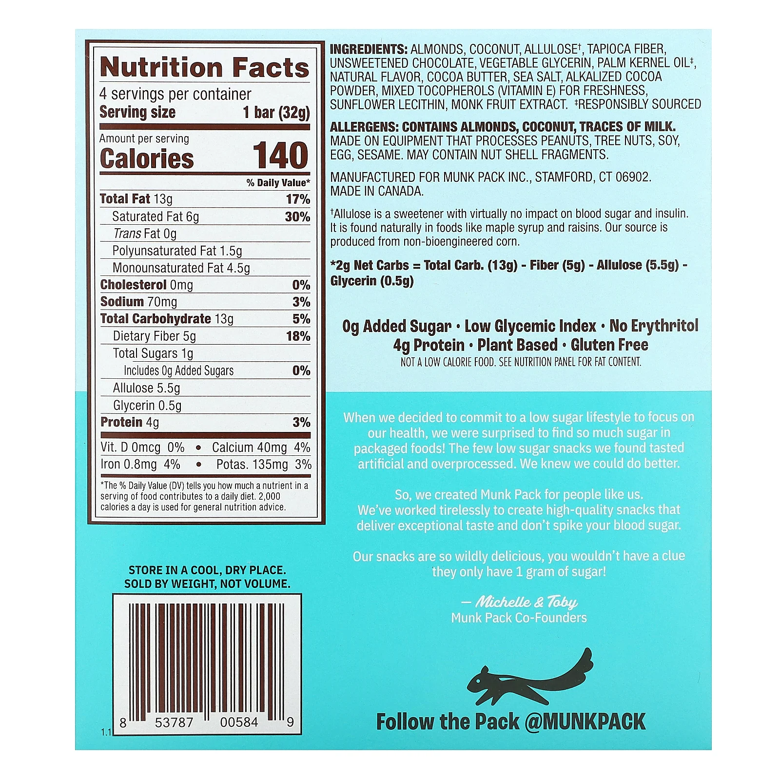 Munk Pack, жевательный батончик-мюсли, кокос и шоколадная крошка, 4 шт. по 32 г (1,12 унции)