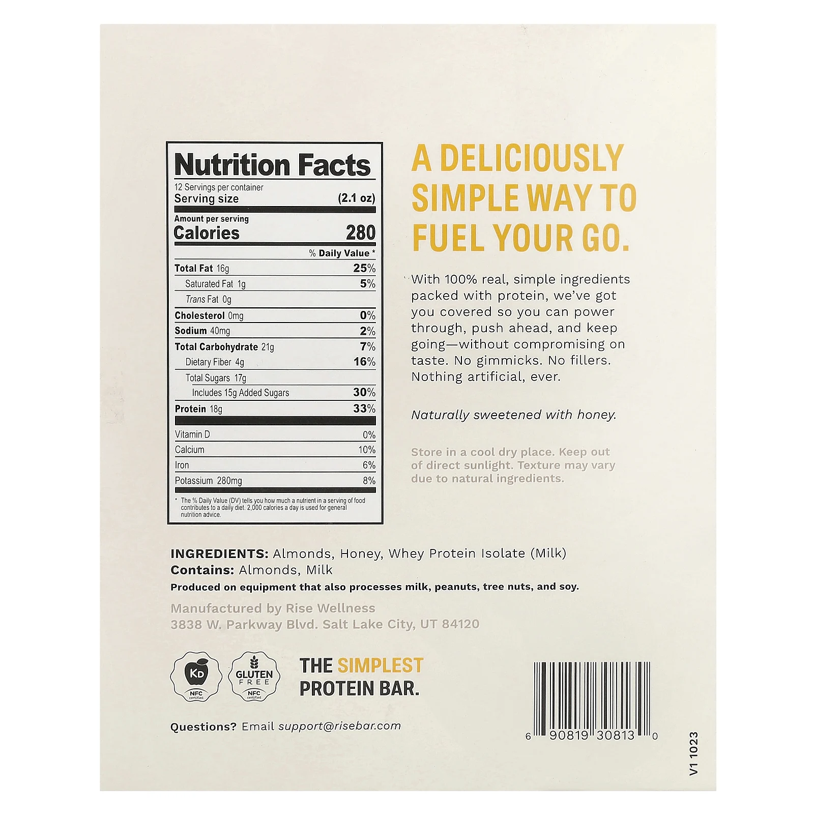 Rise Bar, Самый простой протеиновый батончик, миндальный мед, 12 батончиков по 60 г (2,1 унции)