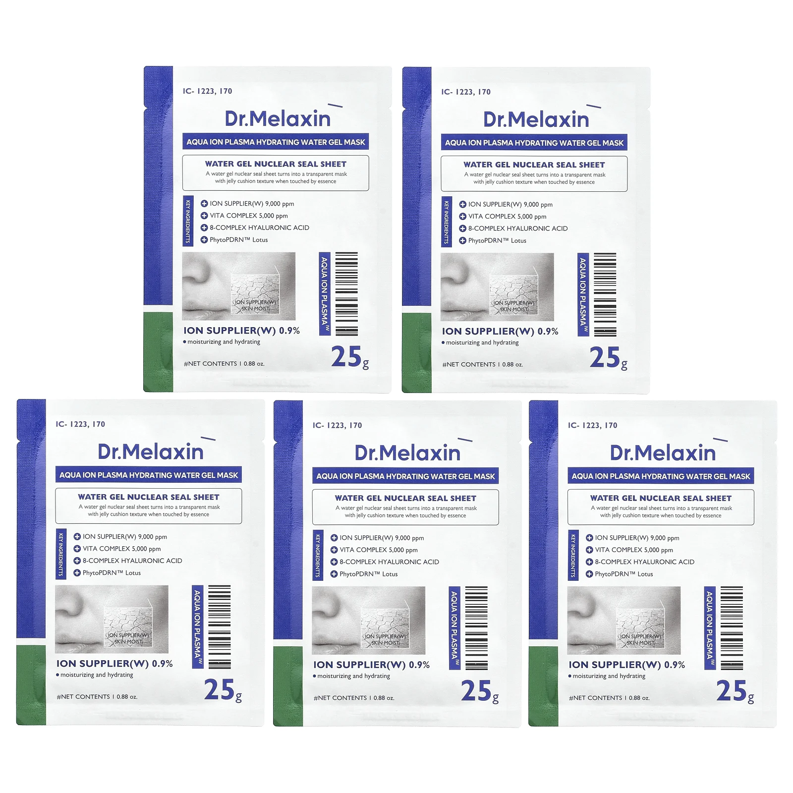 Dr.Melaxin, Aqua Ion Plasma, увлажняющая гель-маска с водой, 5 шт., 25 г (0,88 унции)