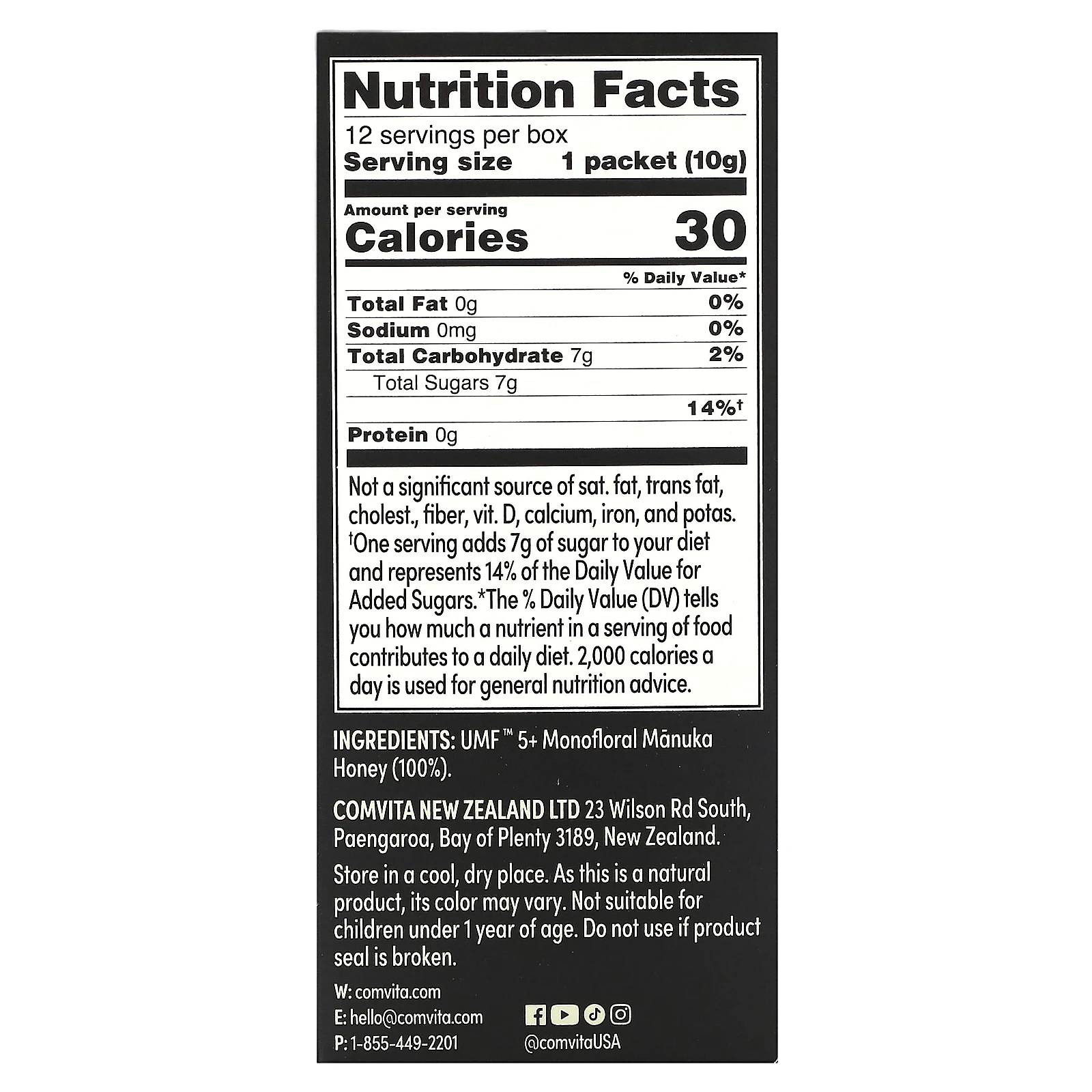 Comvita, Необработанный мед манука, сертифицированный UMF 5+ (MGO 83+), 12 пакетиков по 10 г (0,35 унции)