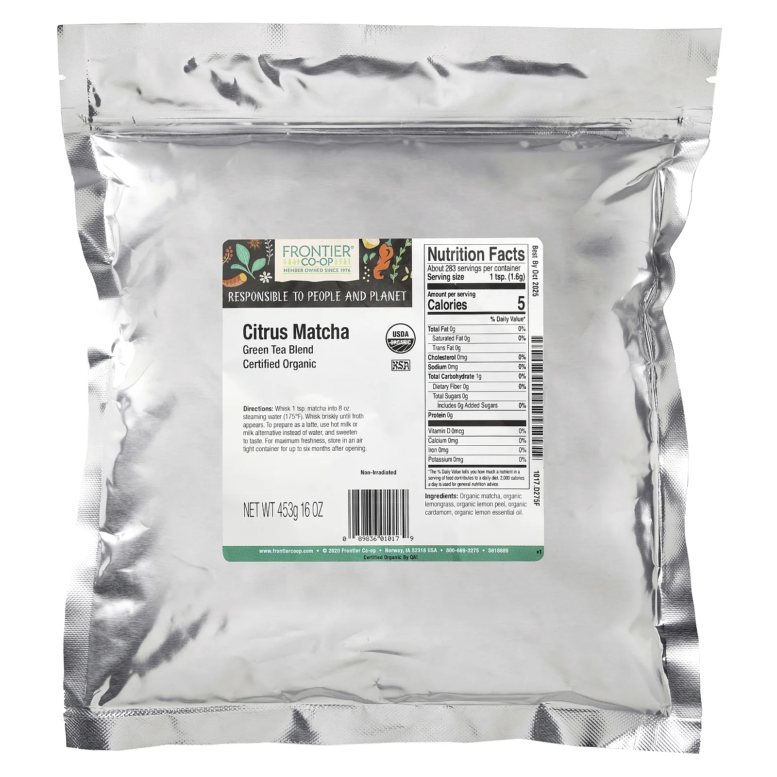 Frontier Co-op, Organic Citrus Matcha, смесь зеленого чая, 453 г (16 унций)