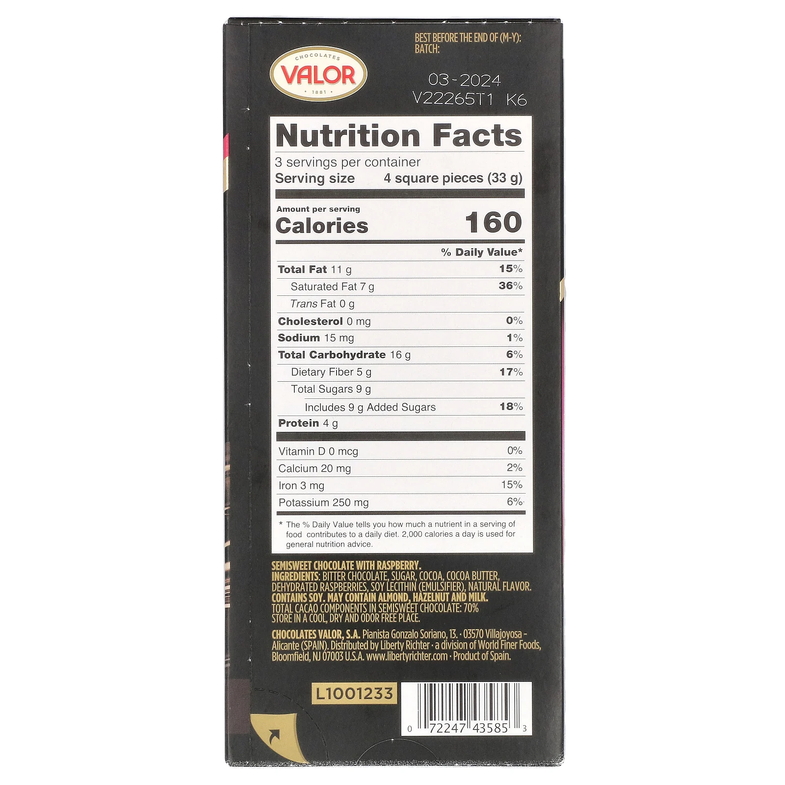 Valor, Темный шоколад, 70% какао с малиной, 3,5 унции (100 г)