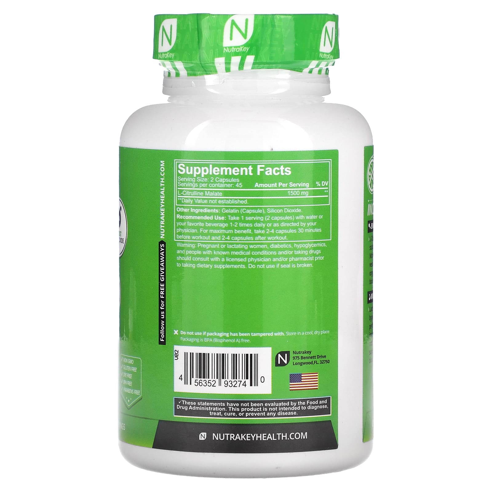 Nutrakey, L-цитруллин, 1500 мг, 90 капсул (750 мг в 1 капсуле)