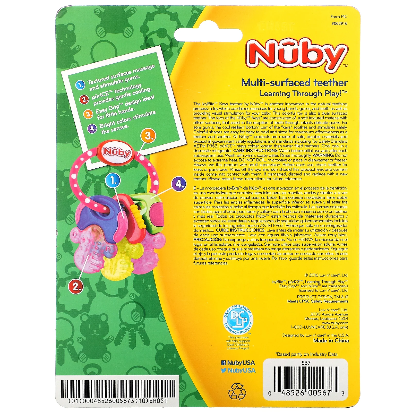 Nuby, Успокаивающий прорезыватель для зубов, ключи от IcyBite, для детей от 3 месяцев, розовый, 1 прорезыватель для зубов