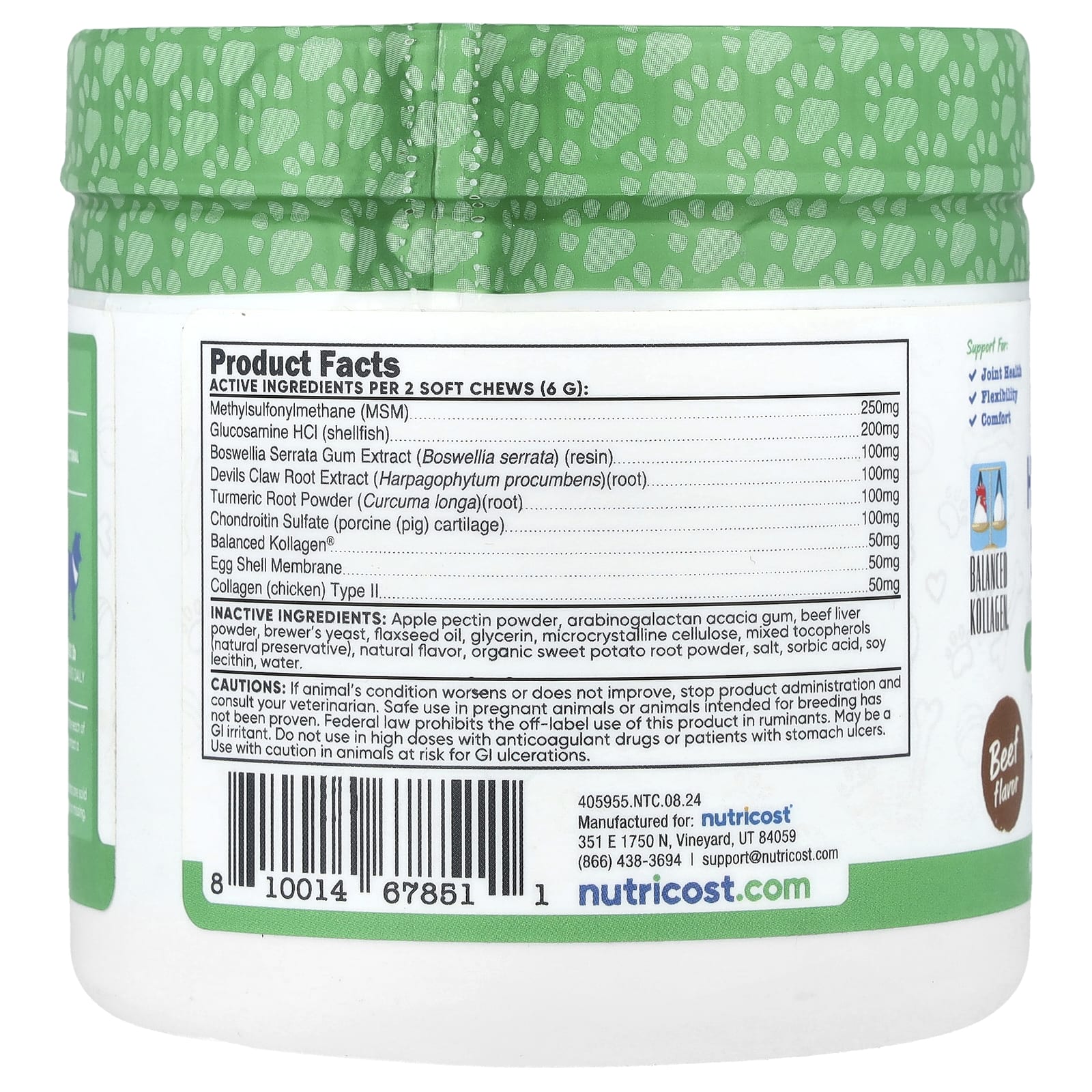 Nutricost, Pets, для поддержки бедер и суставов, для собак, говядина, 60 жевательных таблеток, 180 г (6,4 унции)