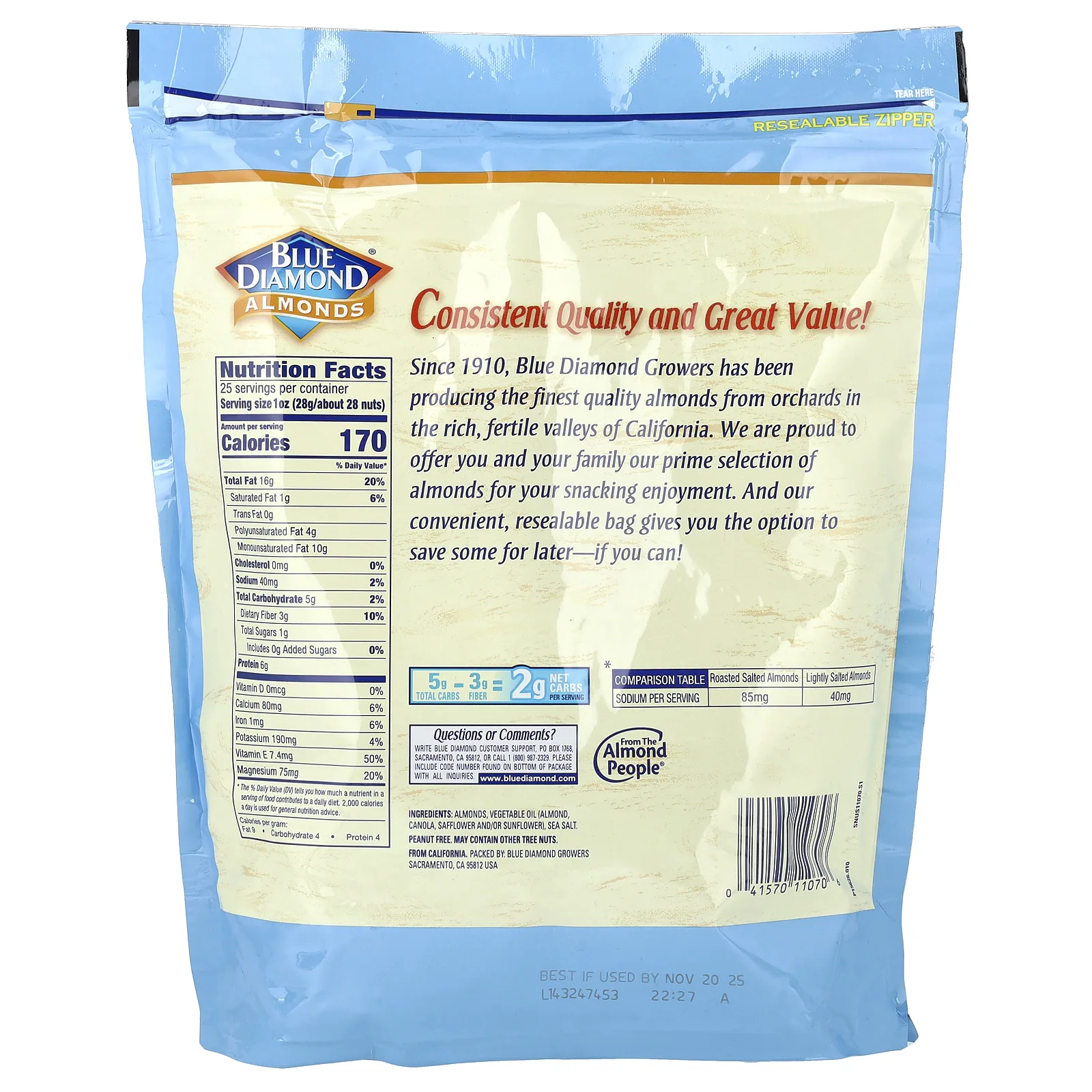 Blue Diamond, Миндаль, малосольный, 709 г (25 унций)