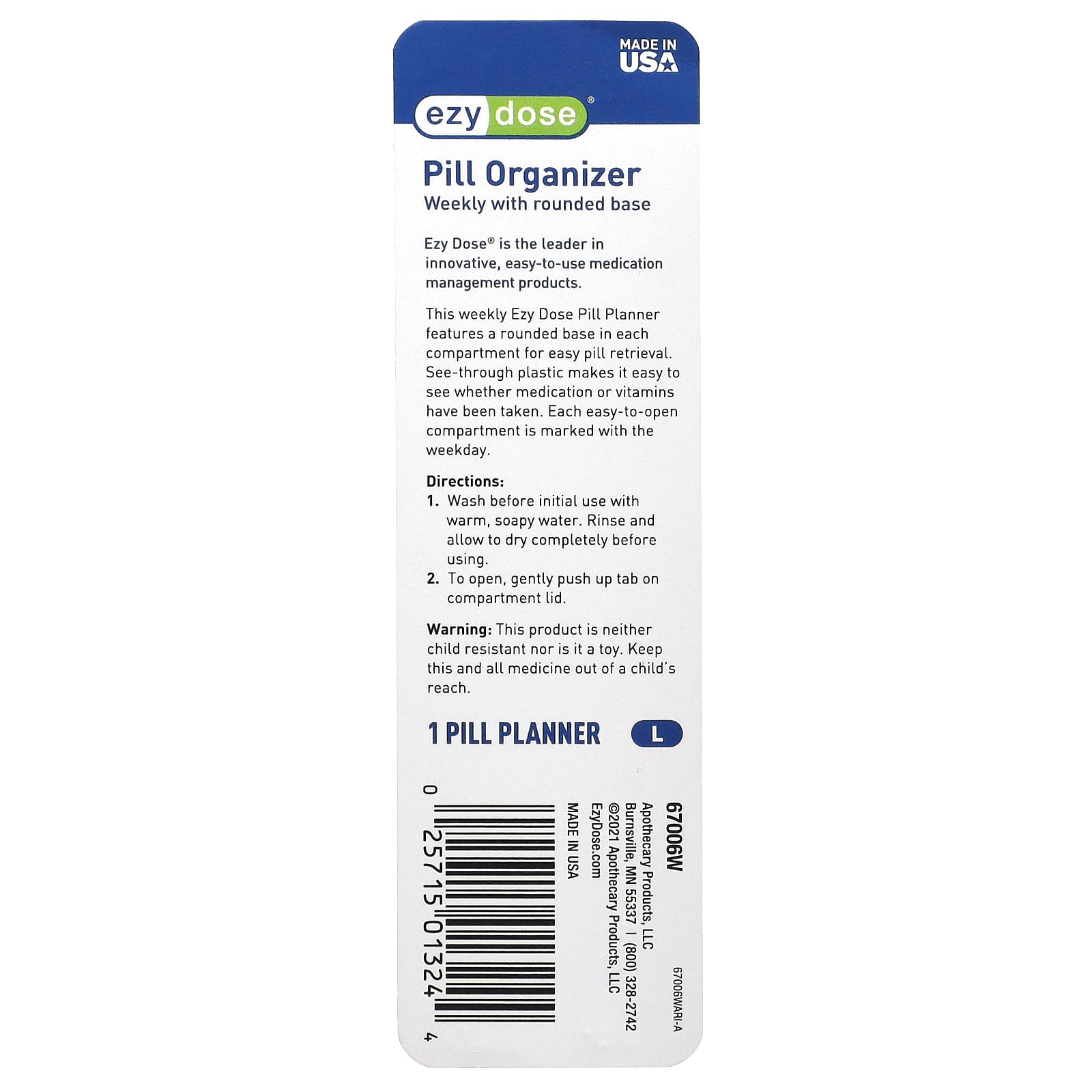 Ezy Dose, еженедельный органайзер для таблеток с закругленным основанием, большой, 1 шт.