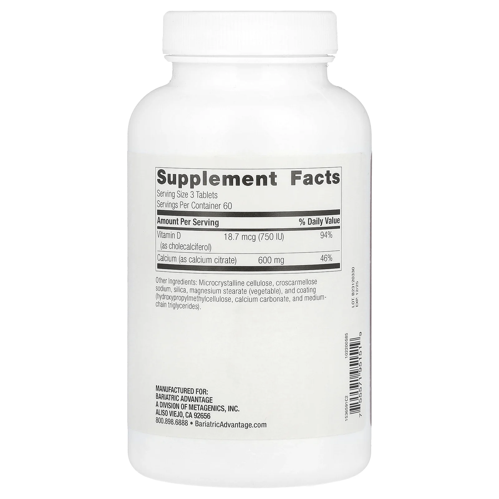 Bariatric Advantage, Нежевательный цитрат кальция, 600 мг, 180 таблеток (200 мг в каждой таблетке)