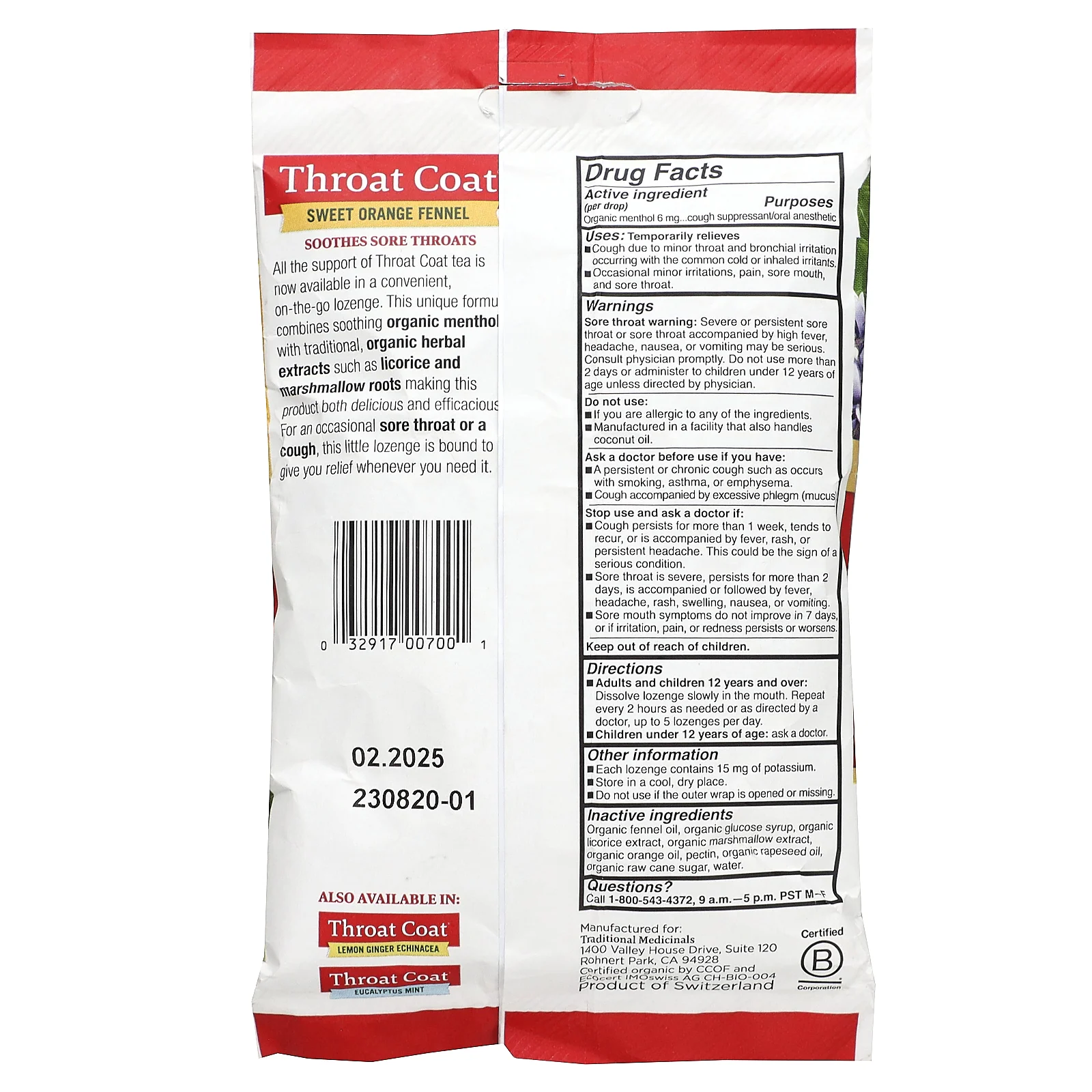 Traditional Medicinals, Органические капли для пальто от горла, сладкий апельсиновый фенхель, 16 ментоловых леденцов от кашля