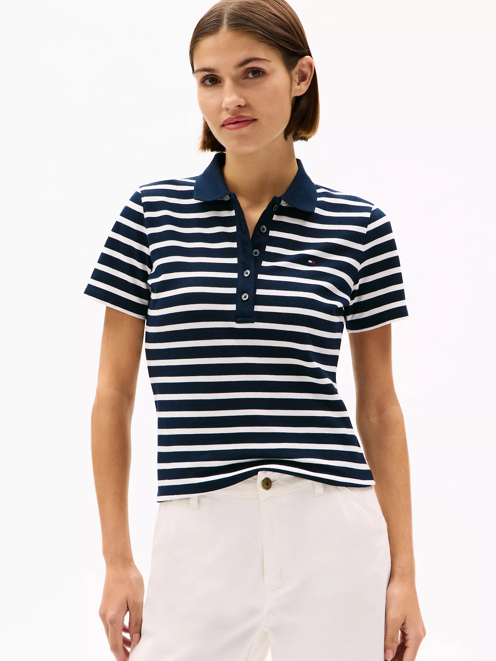Женское поло Tommy Hilfiger, Приталенное полосатое эластичное хлопковое поло