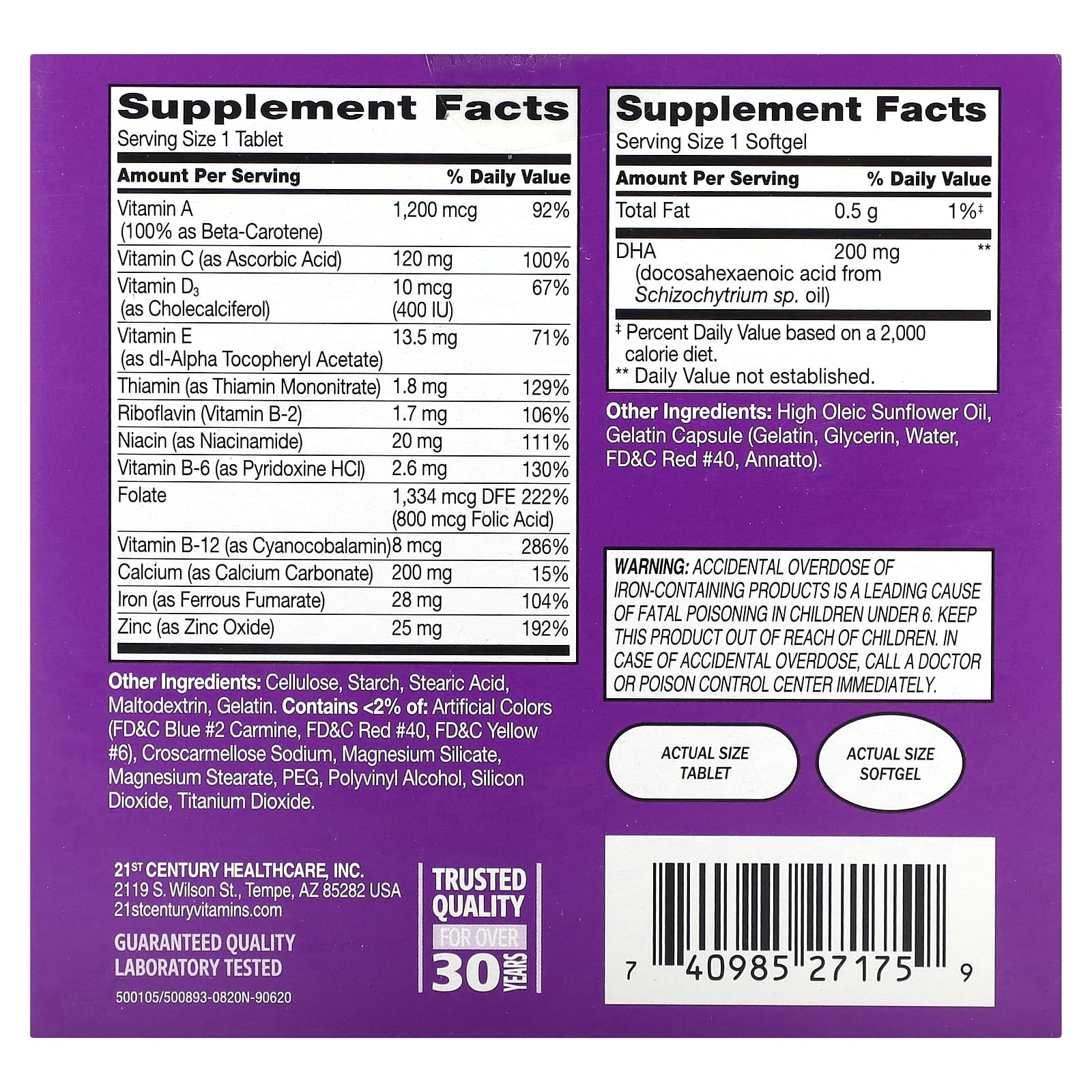 21st Century, Пренатальный комплекс мультивитаминов и минералов + ДГК, 2 флакона, 60 таблеток / 60 мягких таблеток