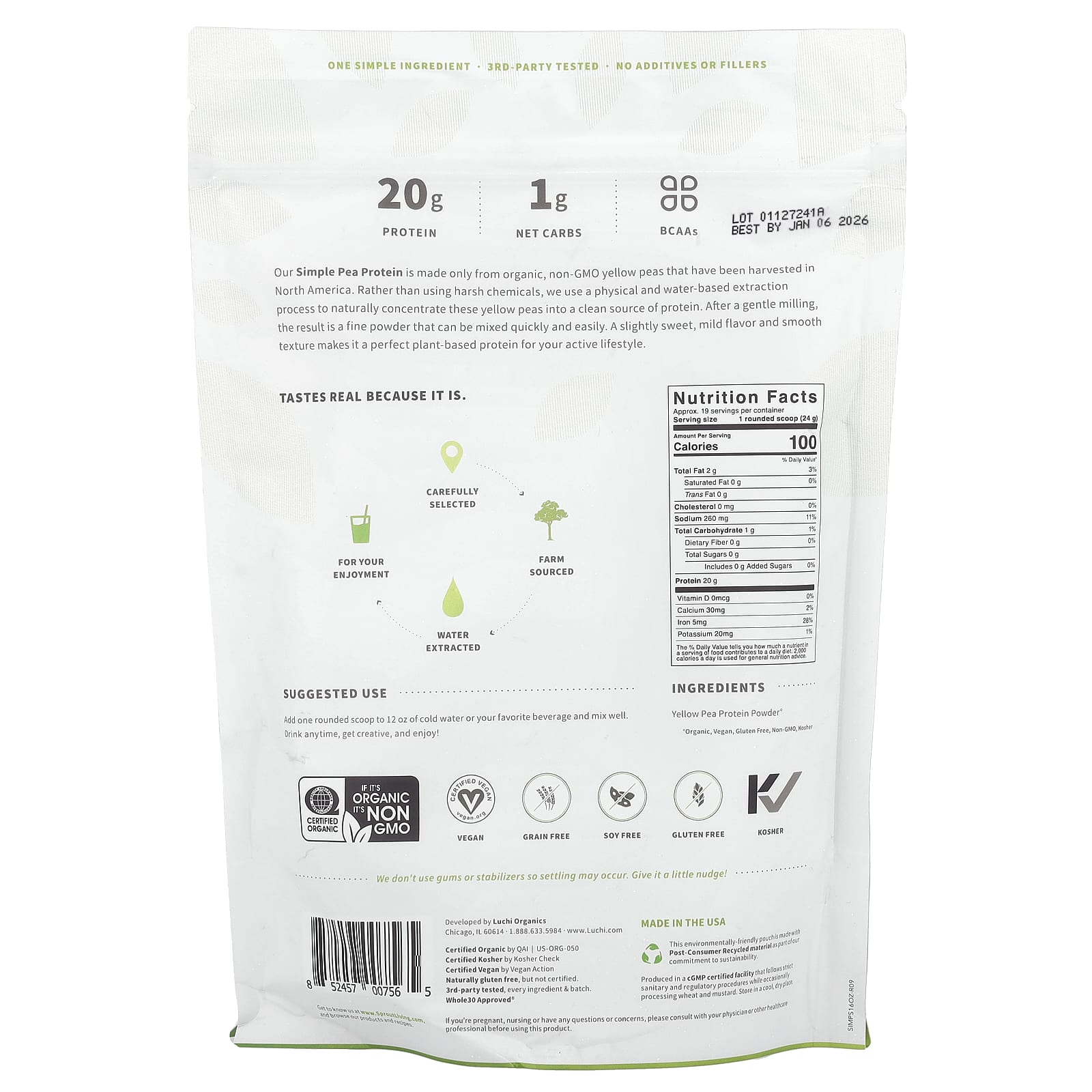 Sprout Living, Simple, органический гороховый протеин, без добавок, 454 г (1 фунт)