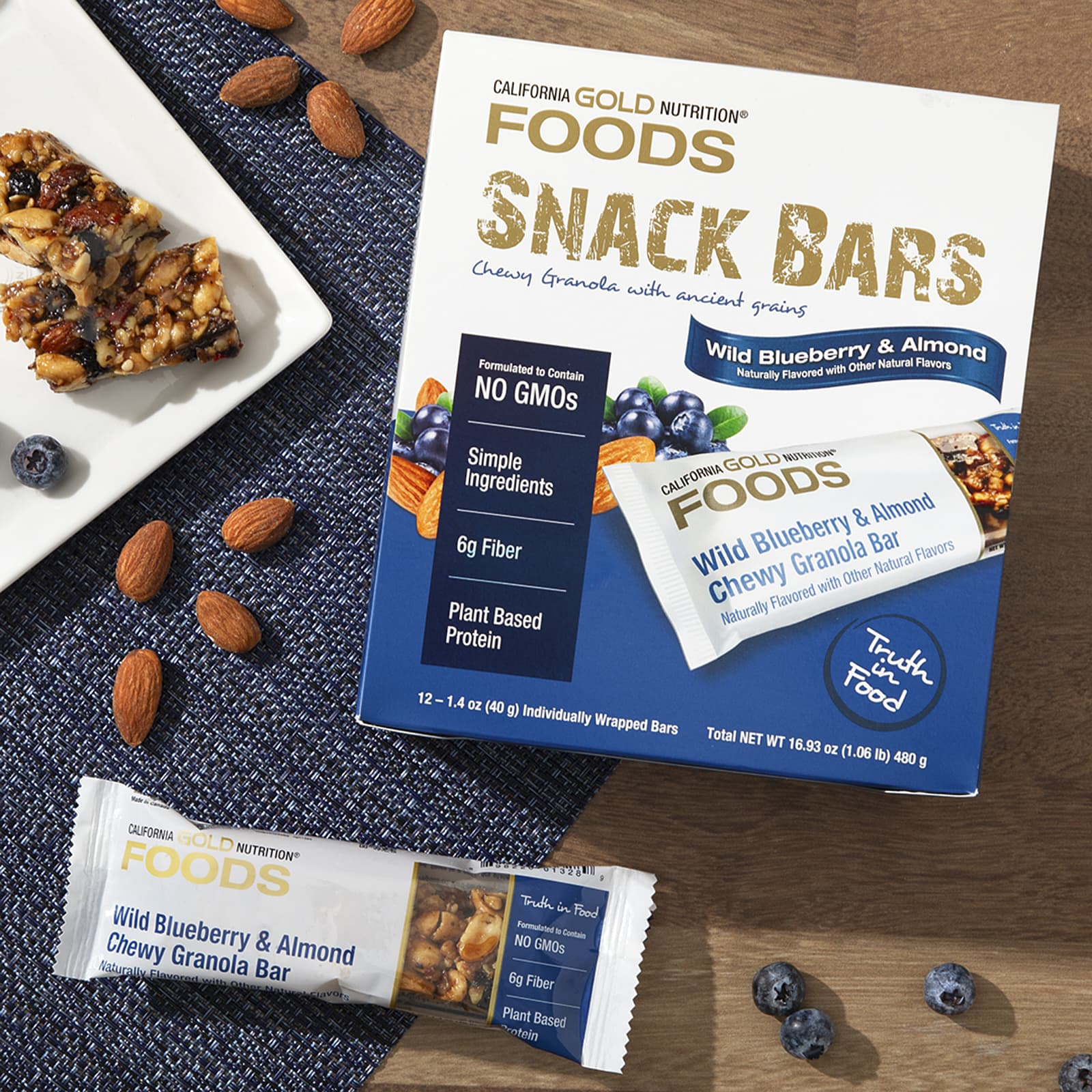California Gold Nutrition, батончики-мюсли с дикой голубикой и миндалем, 12 шт. по 40 г (1,4 унции)