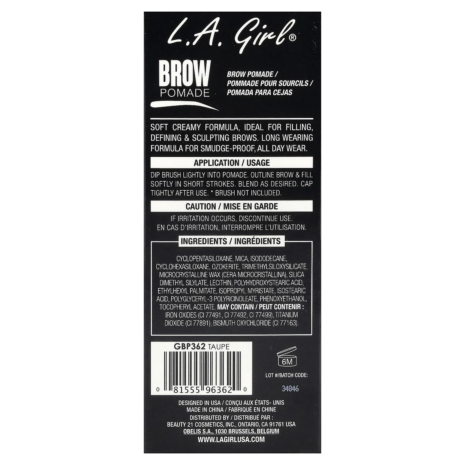 L.A. Girl, помада для бровей, GBP362 Taupe, 3 г (0,11 унции)