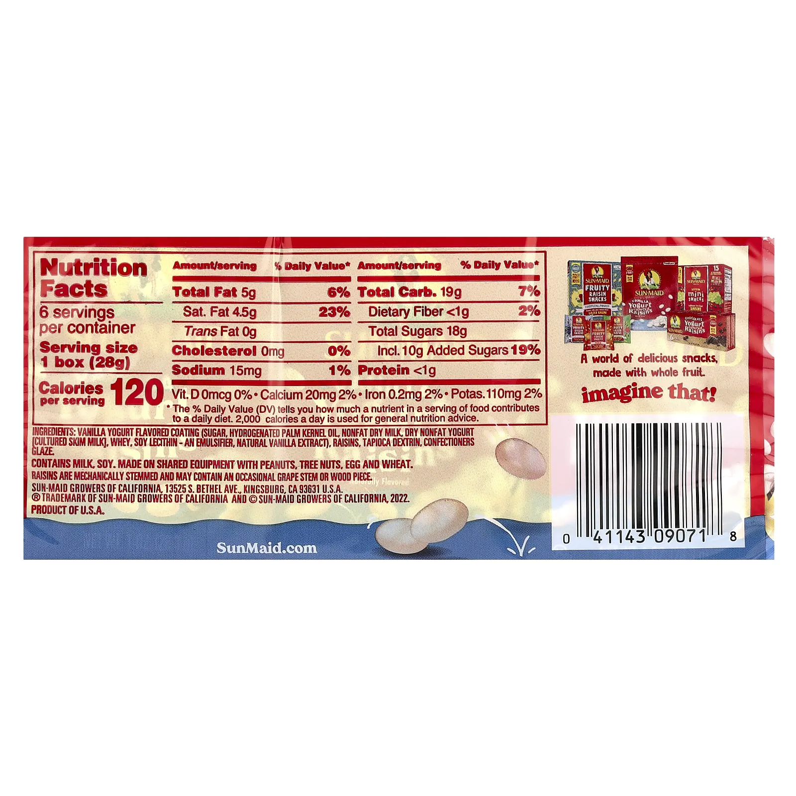 Sun-Maid, Йогурт с изюмом, ваниль, 6 коробок по 28,3 г (1 унция)