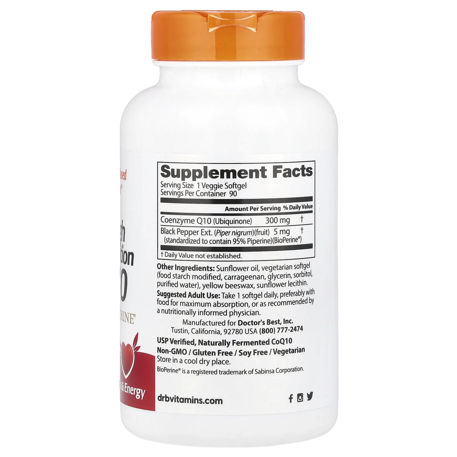 Doctor's Best, коэнзим Q10 с высокой степенью усвоения, с BioPerine, 300 мг, 90 вегетарианских капсул