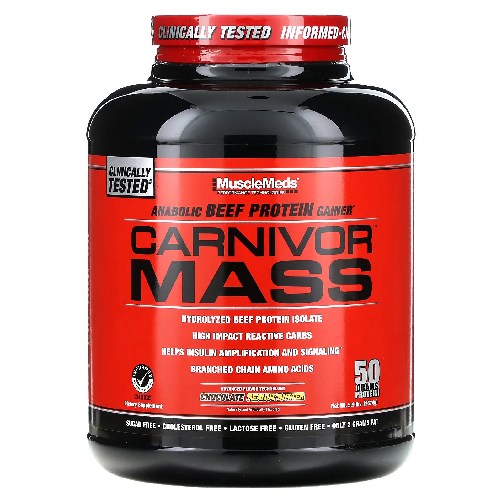 MuscleMeds, Carnivor Mass, анаболический гейнер с говяжьим протеином, шоколад и арахисовое масло, 2674 г (5,9 фунта)