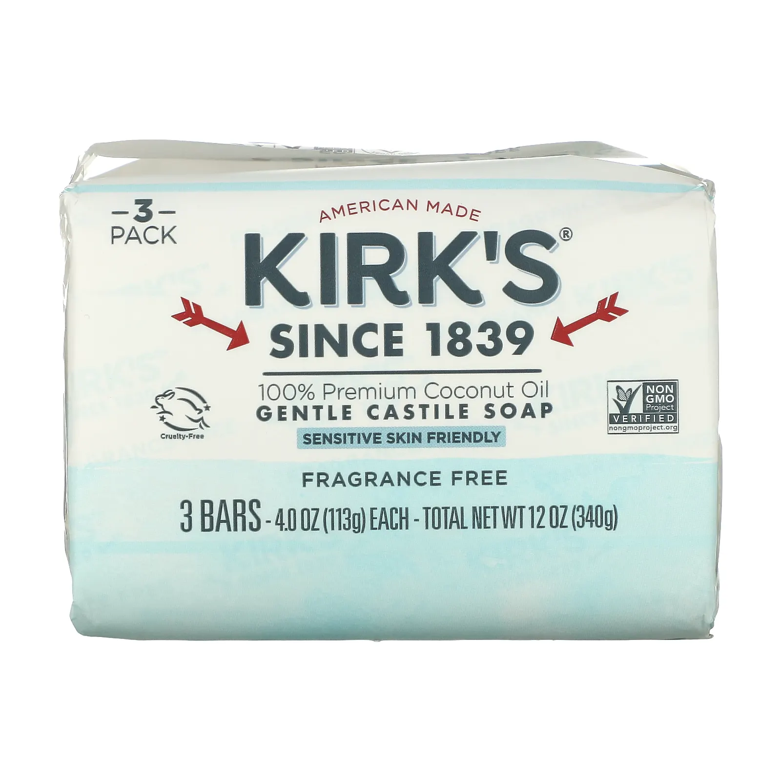 Kirk's, Нежное кастильское мыло с кокосовым маслом премиального качества, без отдушек, 3 шт. По 113 г (4 унции)