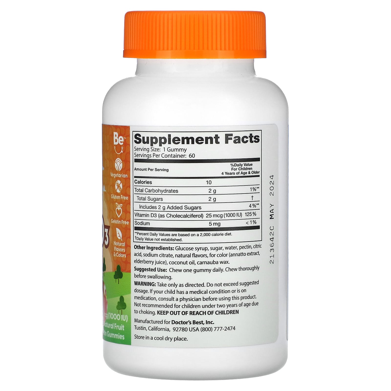 Doctor's Best, Doc's Kids, детские жевательные мармеладки с витамином D3, полностью натуральные фрукты, 25 мкг (1000 МЕ), 60 жевательных таблеток с натуральным фруктовым пектином